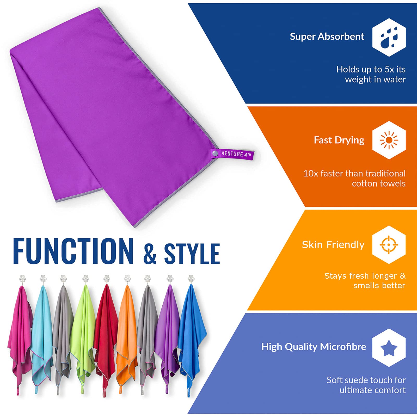 VENTURE 4TH Microfiber Travel Towel - Sports Towel: Quick Dry Towels for Gym  Beach  Camping  Backpacking  Swimming - 6 Foot Long (Purple-Gray XL)
