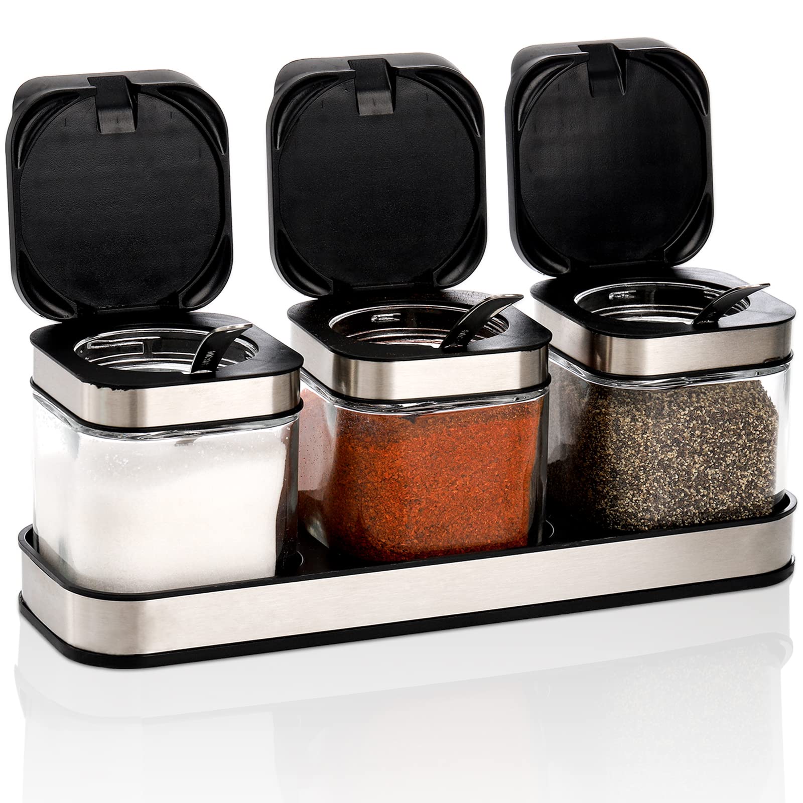 Deayou 3 Pack Glass Seasoning Box With Tray, Clear Condiment Canister With 18/10 Stainless Steel Lid And Spoon, Kitchen Spice Po