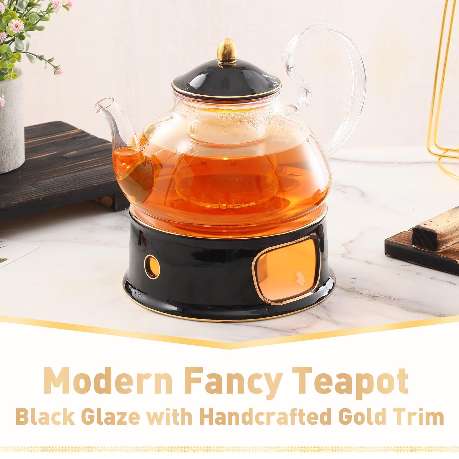 Dujust Blooming Tea Pot Set, Luxury British Design With Relief Decor & Gold Trims, Hand-Crafted Clear Teapot With Warmer, 40Oz G
