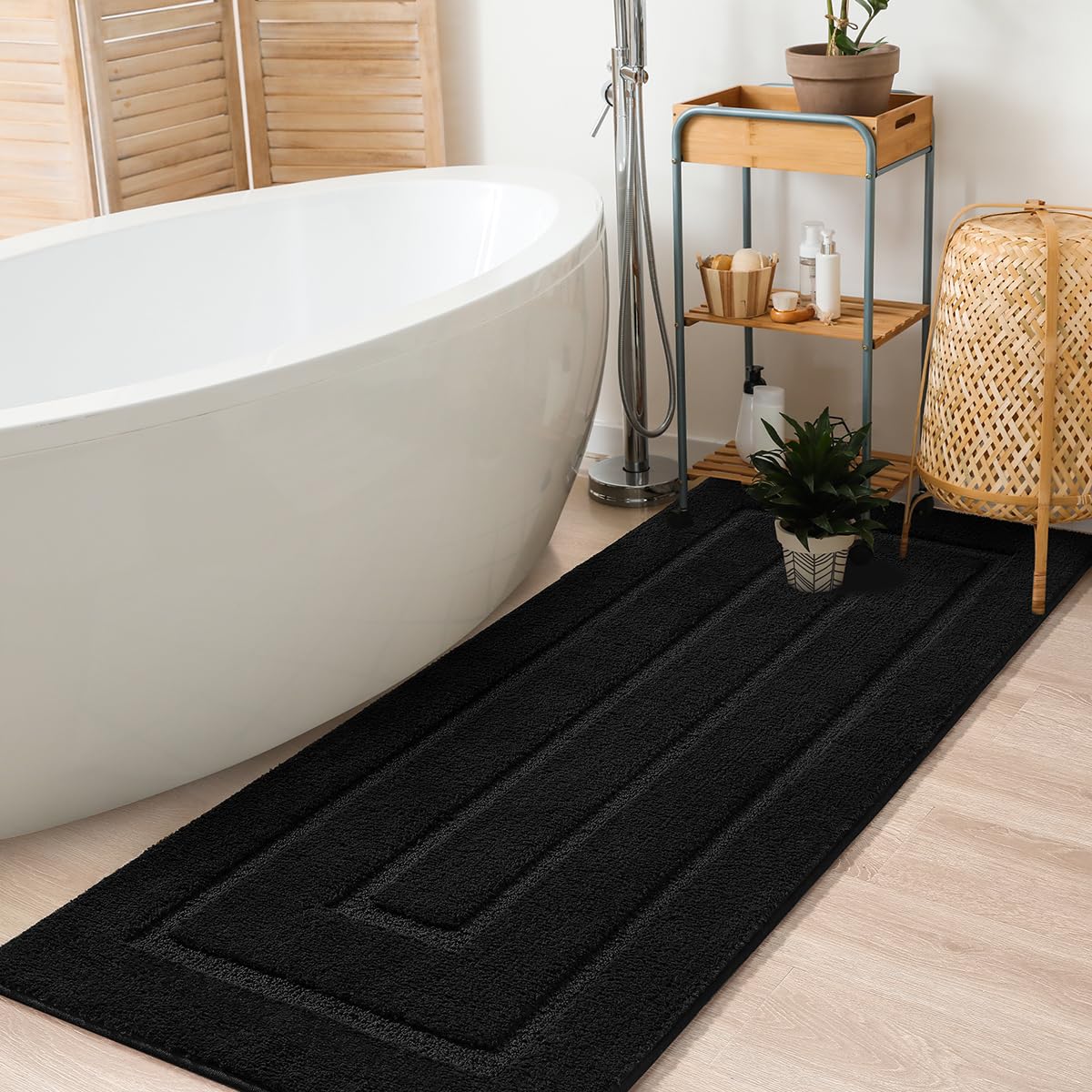 Keeko Black Long Bathroom Rug Bath Mat, 24X60 Bathroom Runner Rugs Non Slip Soft Bath Mats For Kitchens Bathhouses Washable Thro