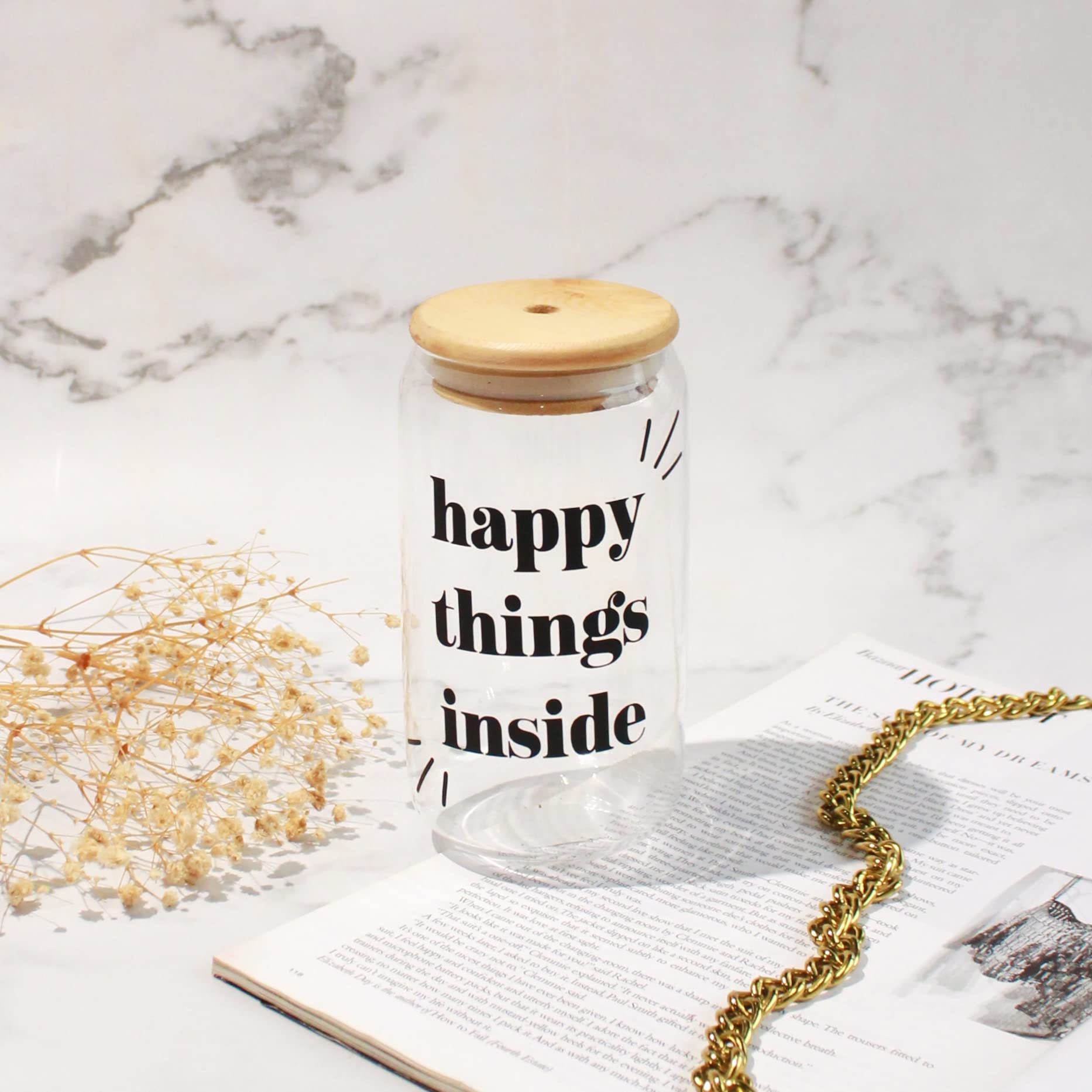 1219 AVENUE Borosilicate 500ml Can Shaped Glass Printed18oz Can Glass with lid and Straw (Happy Things Inside - Black)