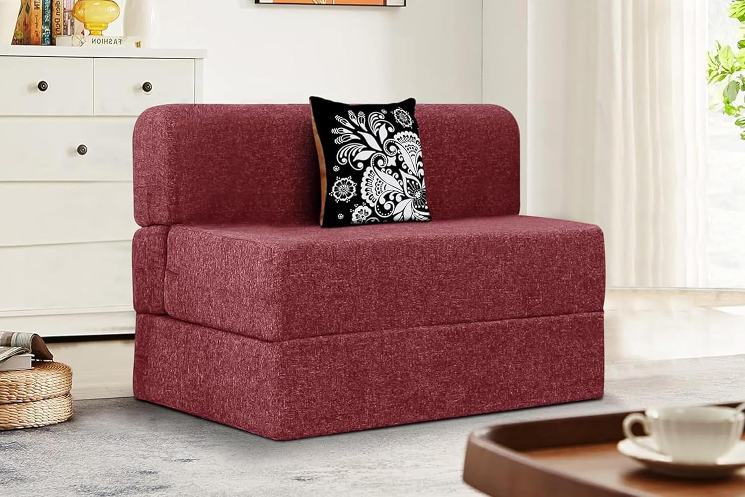 Rosebell Single Seater Sofa Cum Bed | Jute Fabric Washable Cover | With One Printed Cushions Perfect For Guest | 3 X 6 Feet  