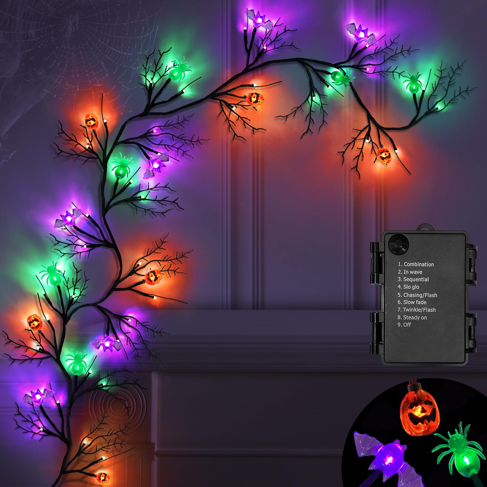 SURCVIO [ 8 Modes & Timer ] 6 Ft 54 LED Halloween Willow Vine Twig Decor Garland with 6 Bats & Pumpkins & Spiders Lights Waterpr