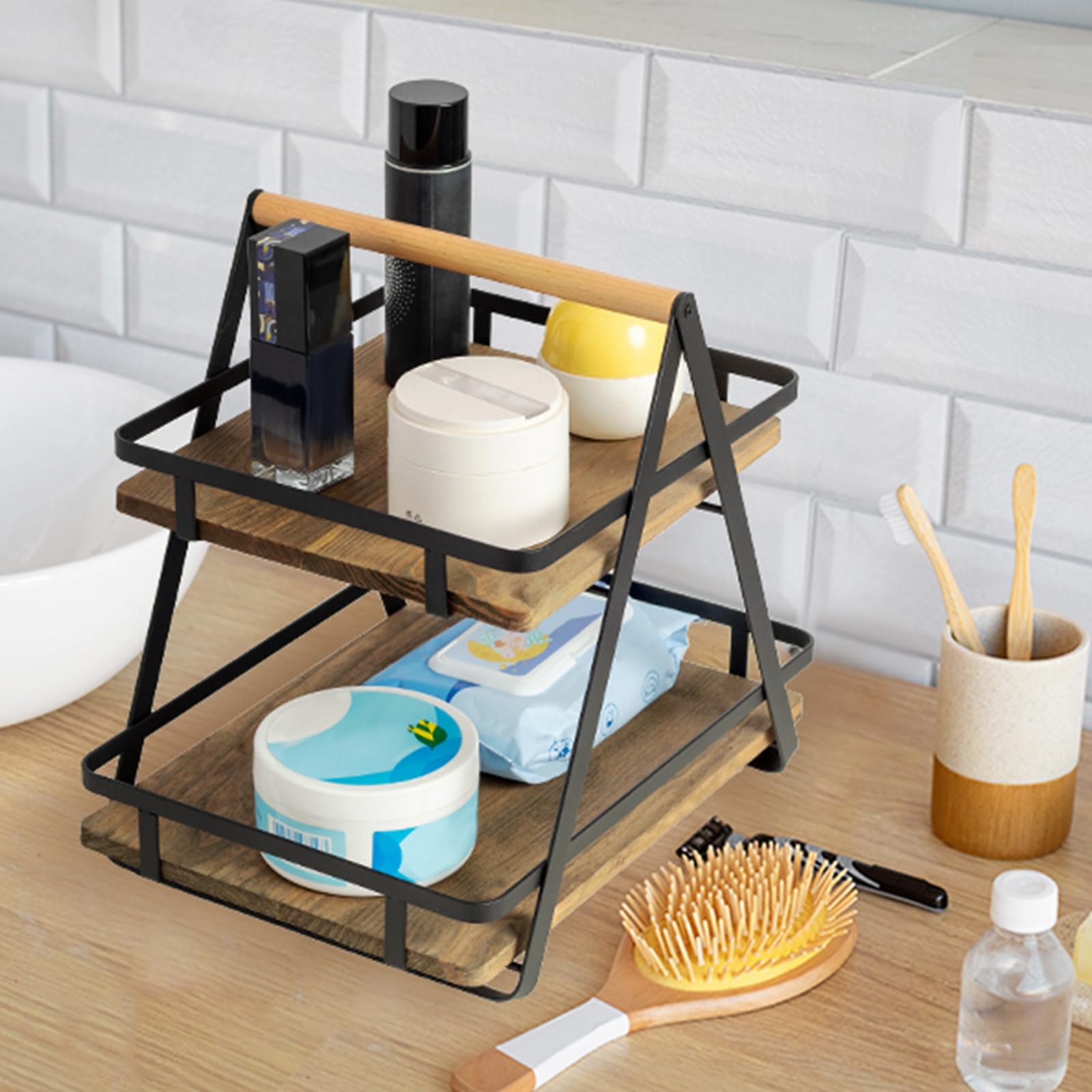 Tieyipin 2-Tier Metal Countertop Basket Organizer For Kitchen Storage And Display - Black Farmhouse Style With Wooden Handle