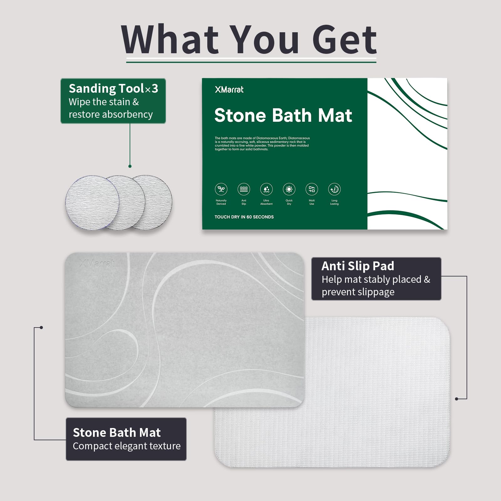 Xmarrat Stone Bath Mat, Quick Drying Diatomaceous Earth Bath Mat, Super Absorbent Stone Bath Mats For Bathroom, Non-Slip Diatomi