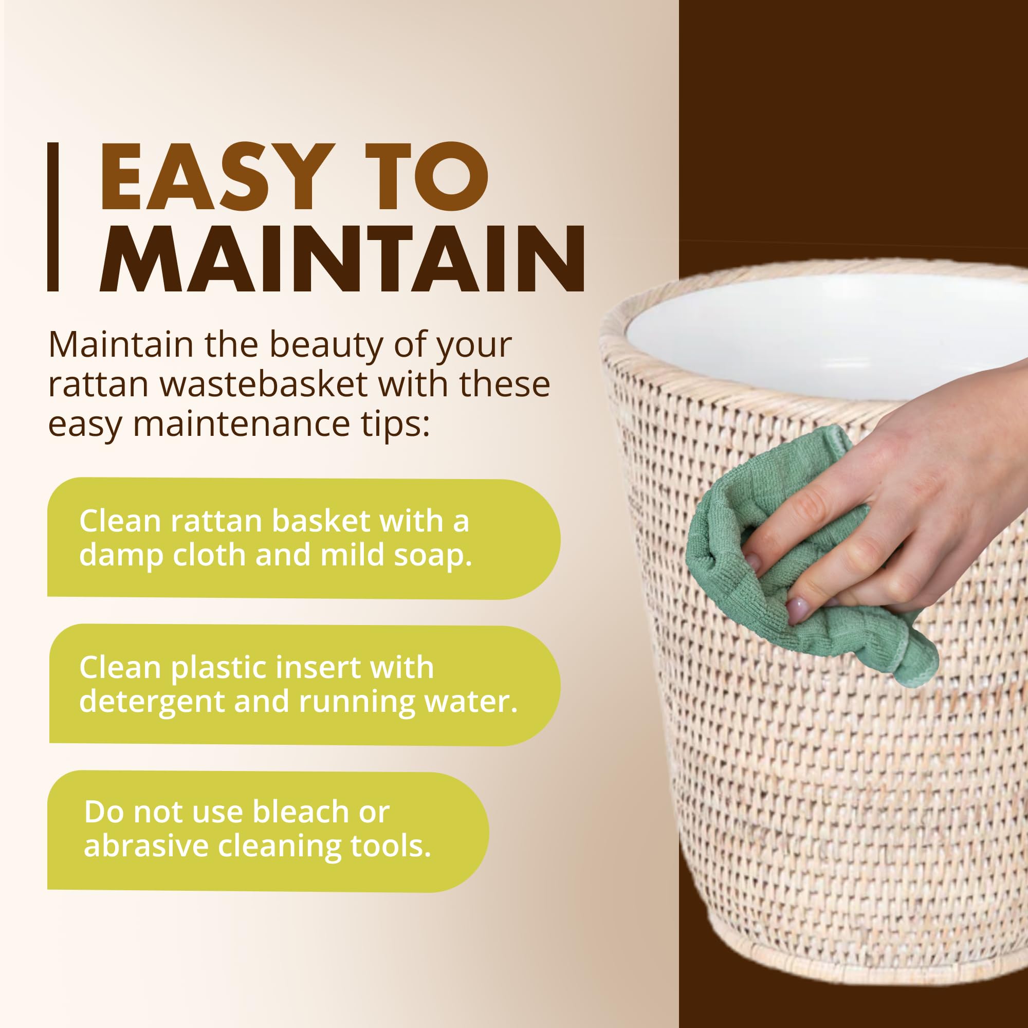 Kouboo La Jolla Rattan Wastebasket With Plastic Insert, Handmade, Trash Can, Small Wastebasket, Bedroom, Bathroom, Vanity, Rv, D