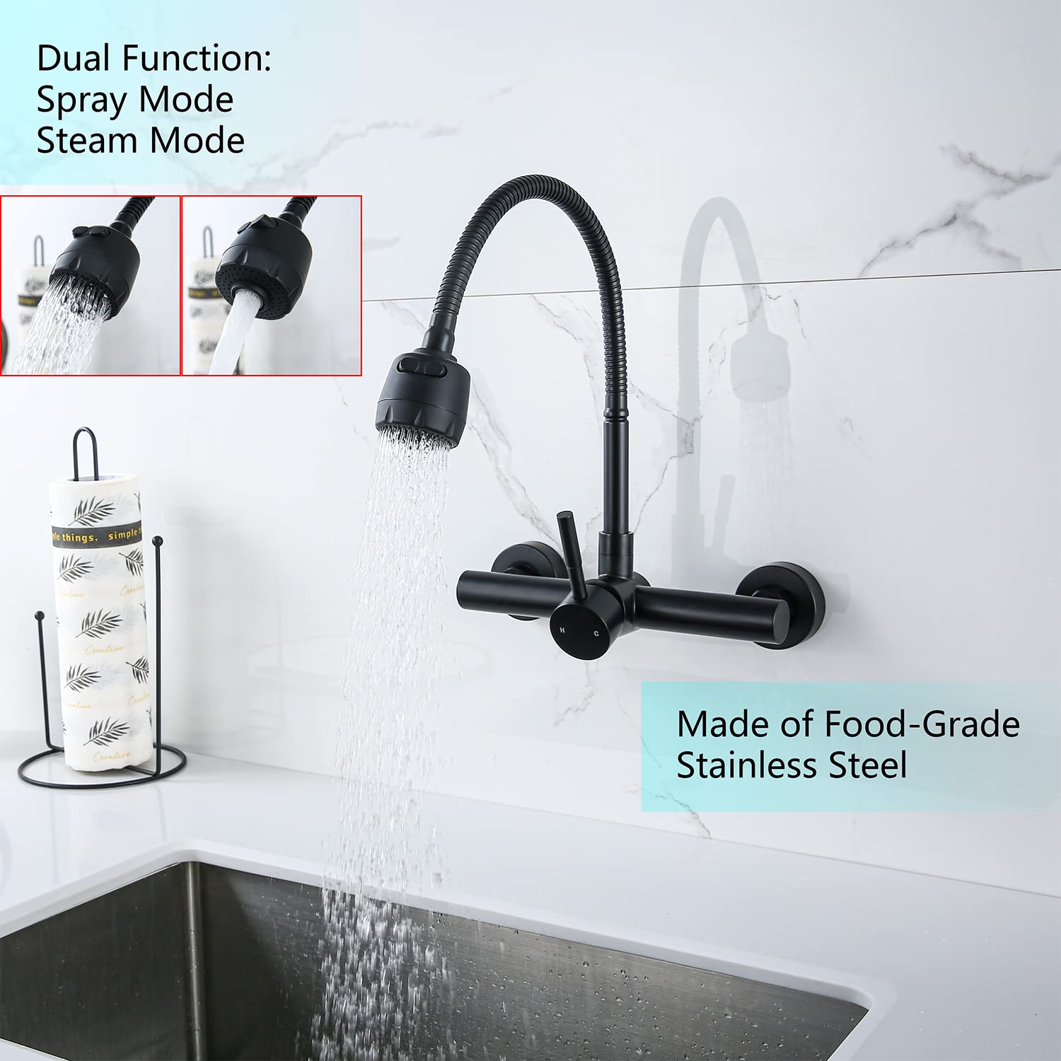 Zhyich Kitchen Sink Faucet Wall Mount With Sprayer, Stainless Steel Mixer Tap, Matte Black Finish, Nsf And Lead-Free Certified F