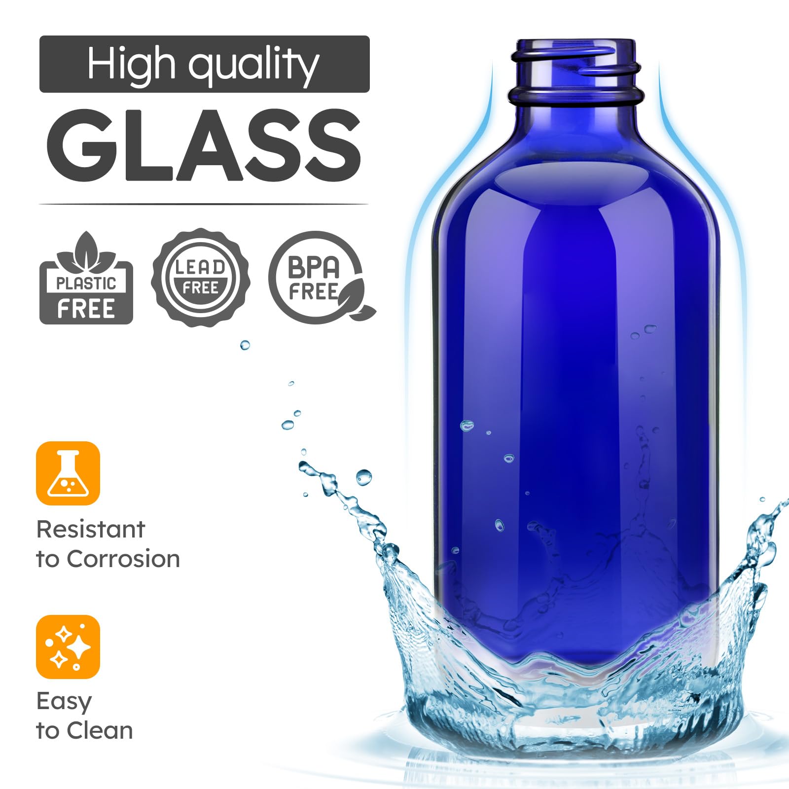 Tecohouse Glass Spray Bottle 8 Oz, Blue Small Empty Refillable Sprayer Container With Labels, Funnel, Lids, Graduated Pipettes -