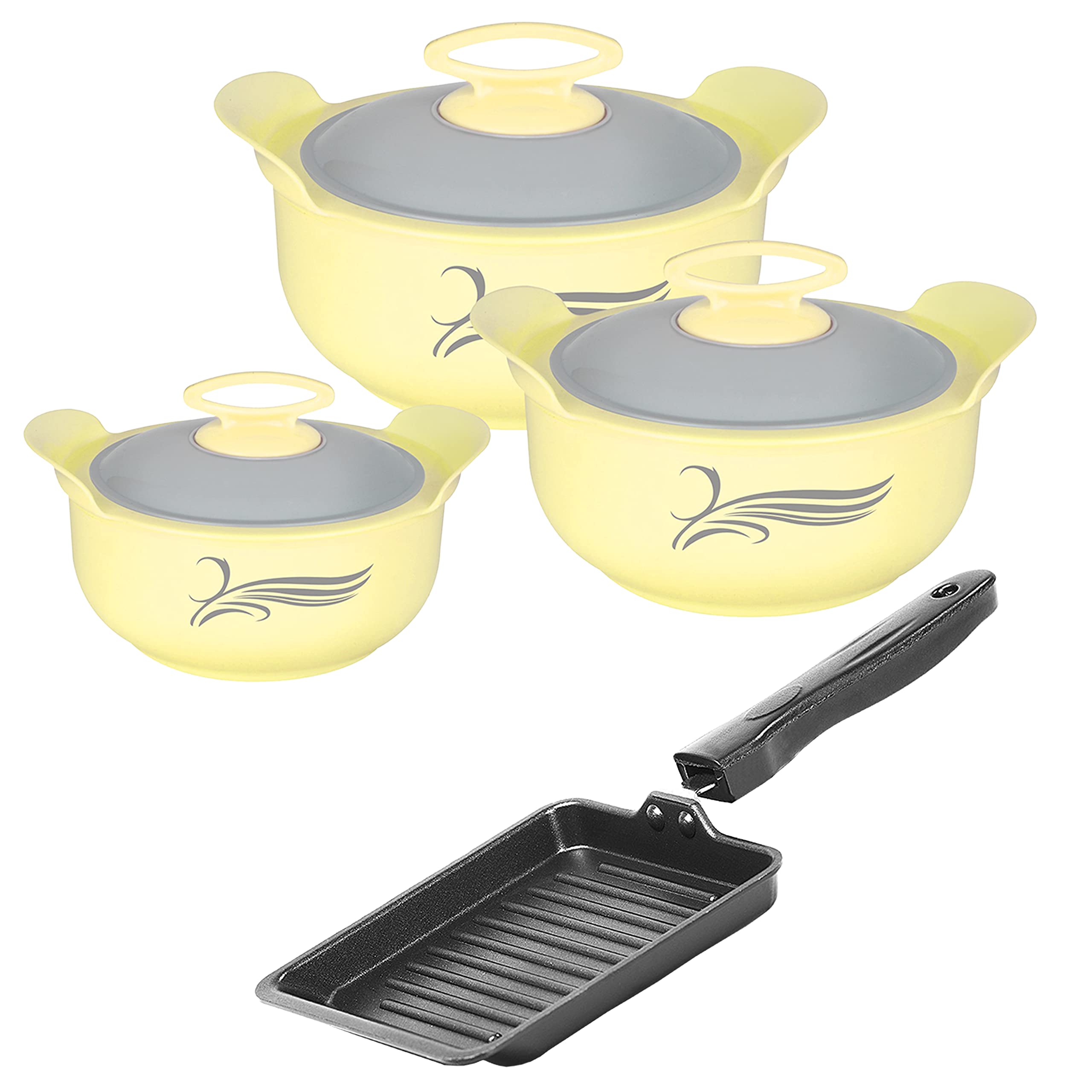 Nirlon Delight Inner Steel Casserole (800Ml, 1200Ml, 2000Ml) Yellow With Non Stick Aluminium Small Grill Pan 19Cm Combo Set