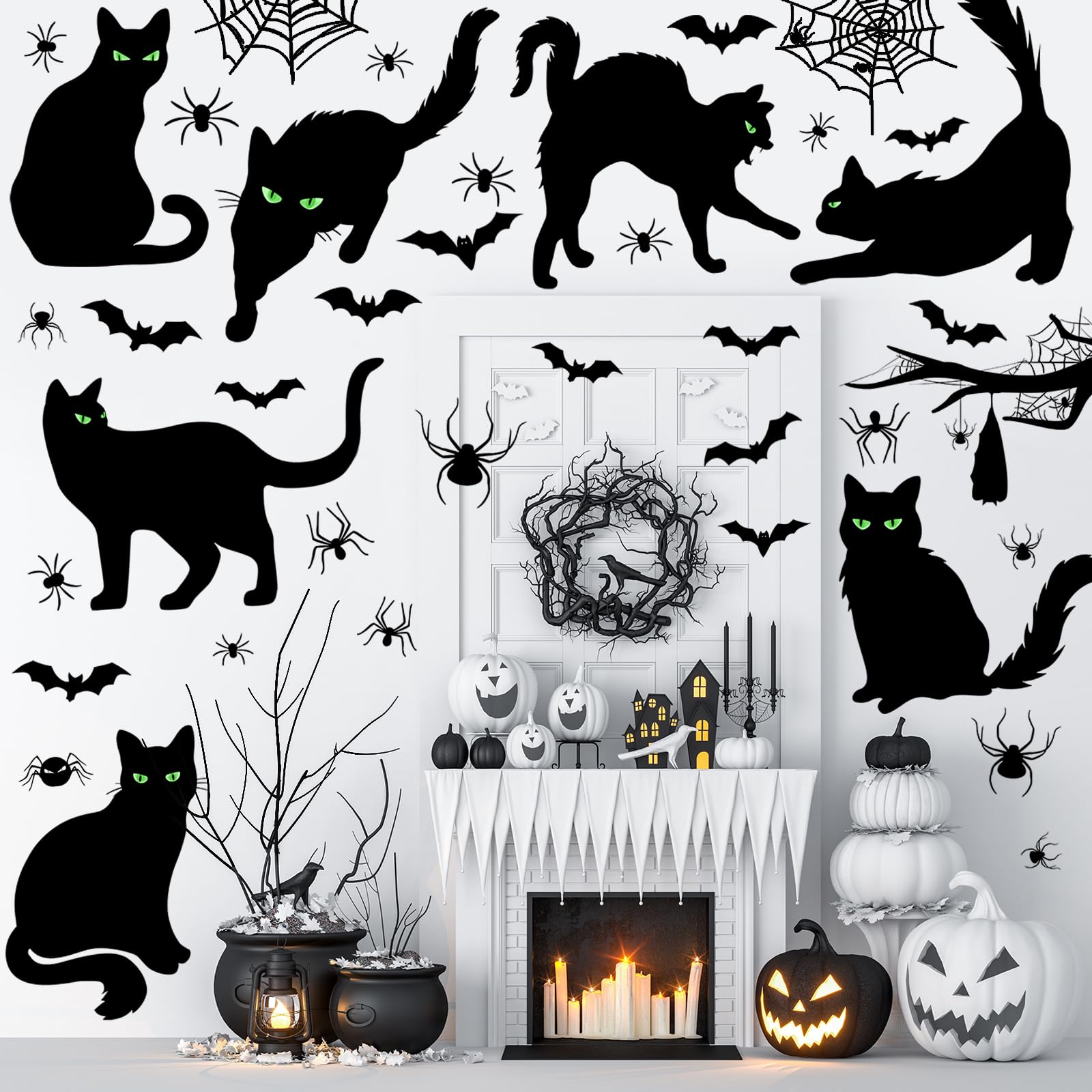 Chivertion 6 Sheets 101 Pcs Halloween Black Cat Wall Sticker Decoration Bats Spiders Web Scary Decals Removable Double Side Wall