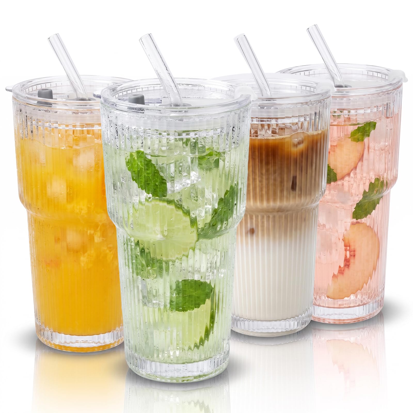 Eathtek 4 Pack 20 oz Ribbed Glass Tumblers with Lids & Straws