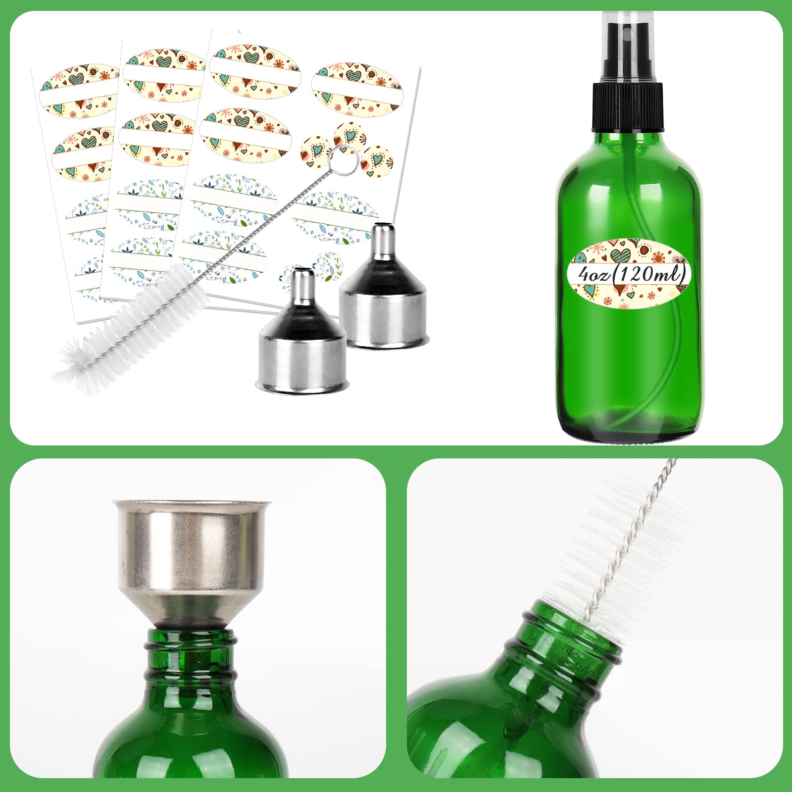 Cyclemore 120Ml 16 Pack 4Oz Green Glass Spray Bottles With Fine Mist Sprayers, Glass Travel Bottles For Cosmetic, Essential Oils