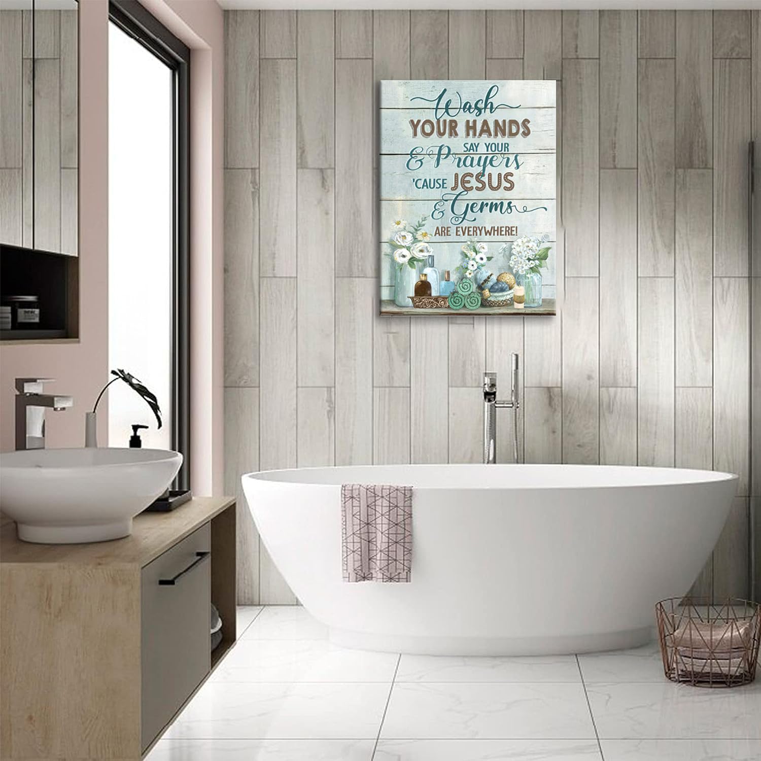 Shuweienphant Farmhouse Bathroom Wall Art - Inspirational Quotes Canvas Print, 12"x16", Wood, Flower4 Color
