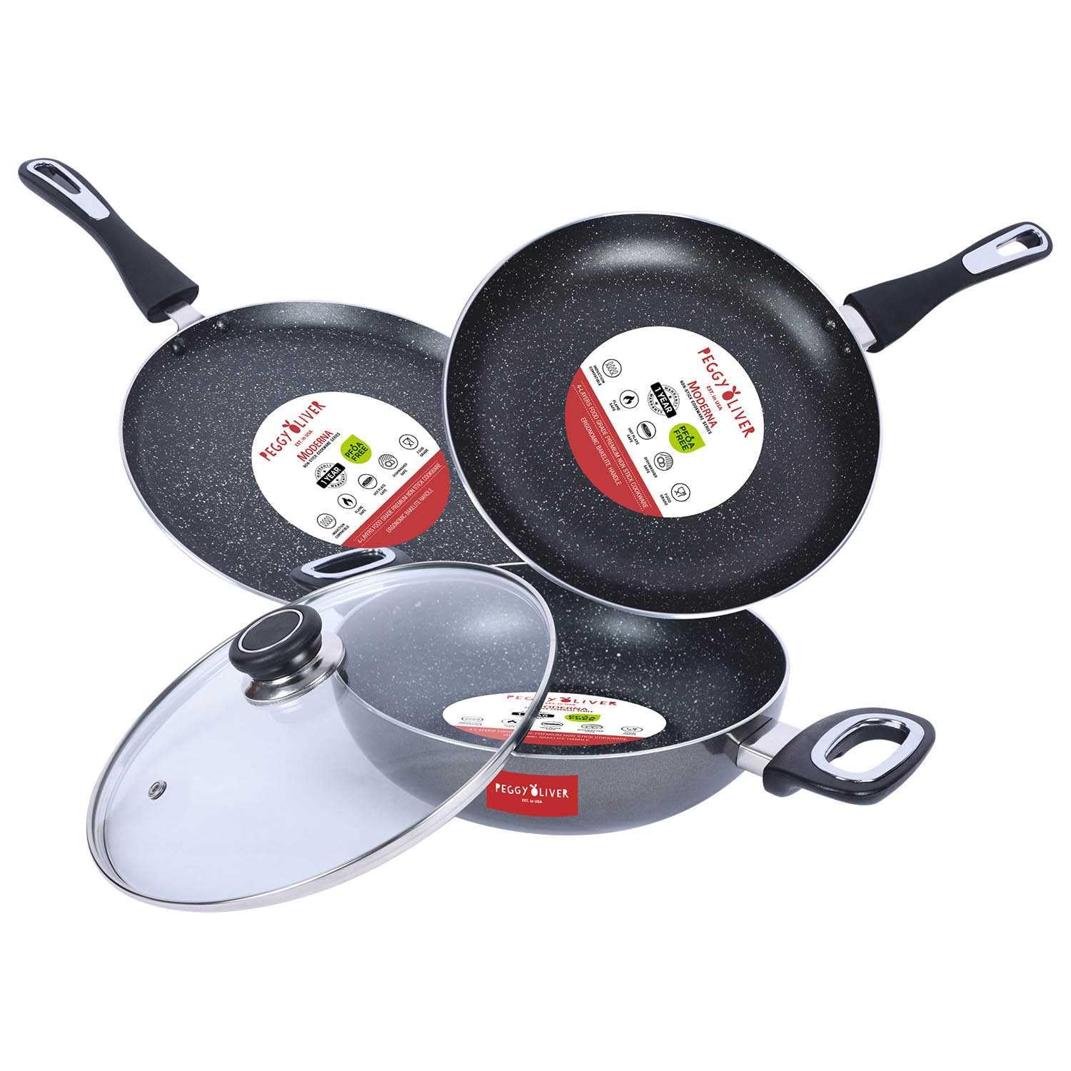 Peggy Oliver Moderna NonStick Induction Cookware 4Pcs Gift Set | Stay Cool Bakelite Handle | 4Layer Coating | Tawa 25 Cm | Fry
