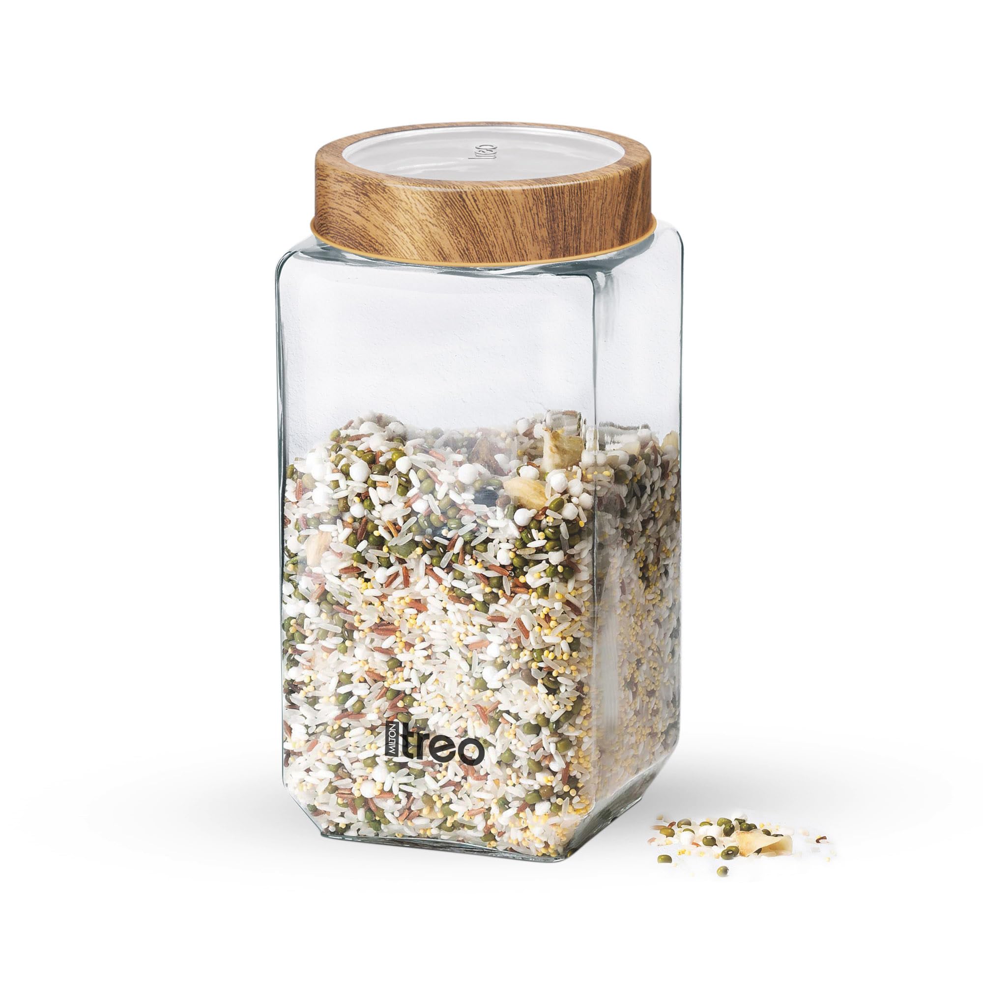 Treo By Milton Woody Cube Storage Container, 1 Piece, 1000 Ml, Glass Jar With Airtight Crystal Lid, Transparent Jars For Snacks,