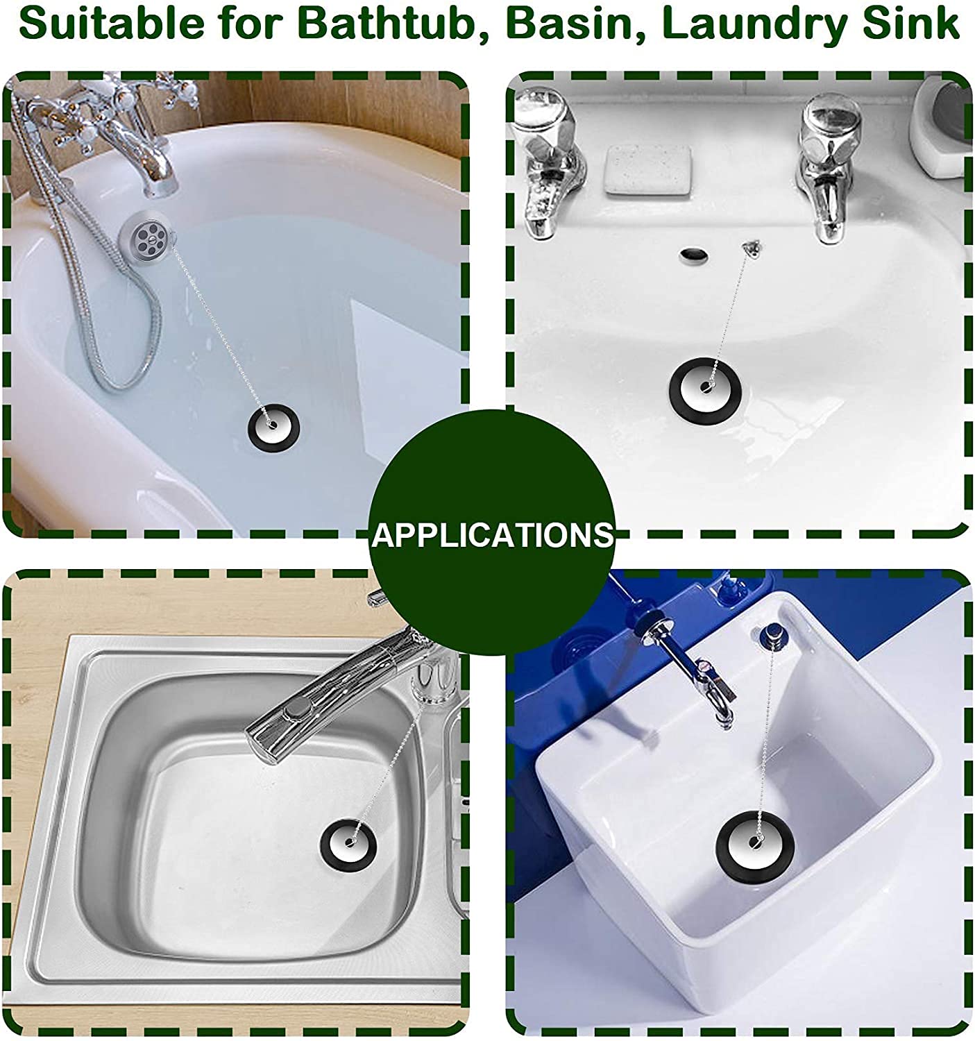 3Pcs Rubber Bath Tub Stopper Sink Plugs Kitchen Sink Drain Strainer With Stainless Steel Round Beaded Chain For 1-1/2 Inch To 2