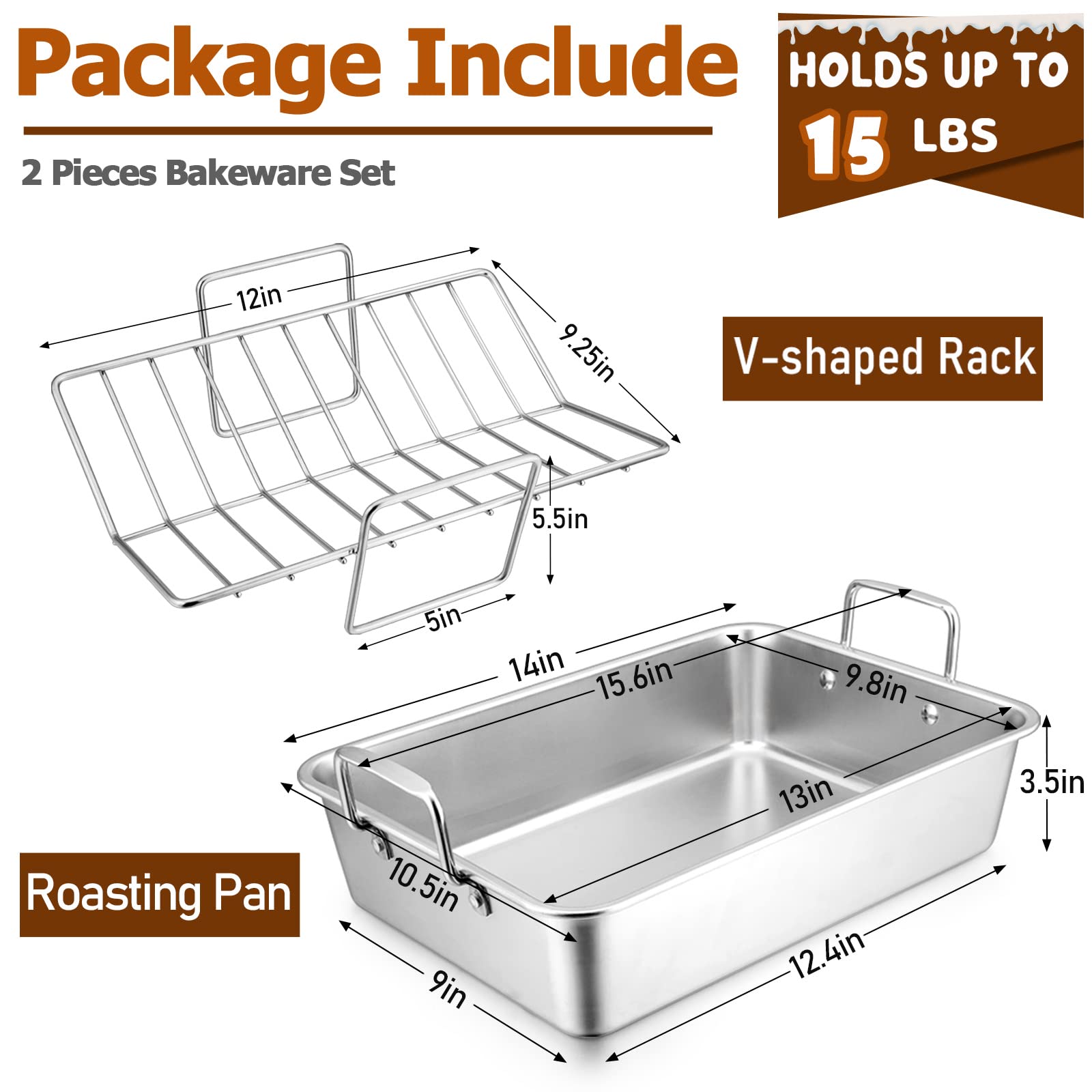 Joyfair 14-Inch Roasting Pan With Rack, Stainless Steel Turkey Roaster Baking Pan & V-Shaped Rack For Chicken Meat Vegetable, Re