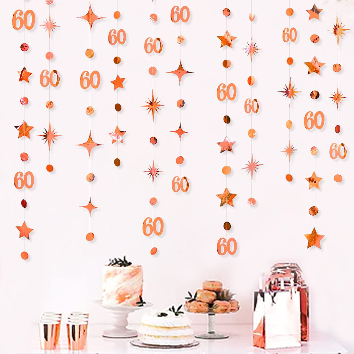 Rose Gold 60Th Birthday Decorations Number 60 Circle Dot Twinkle Star Garland Metallic Hanging Streamer Bunting Banner Backdrop