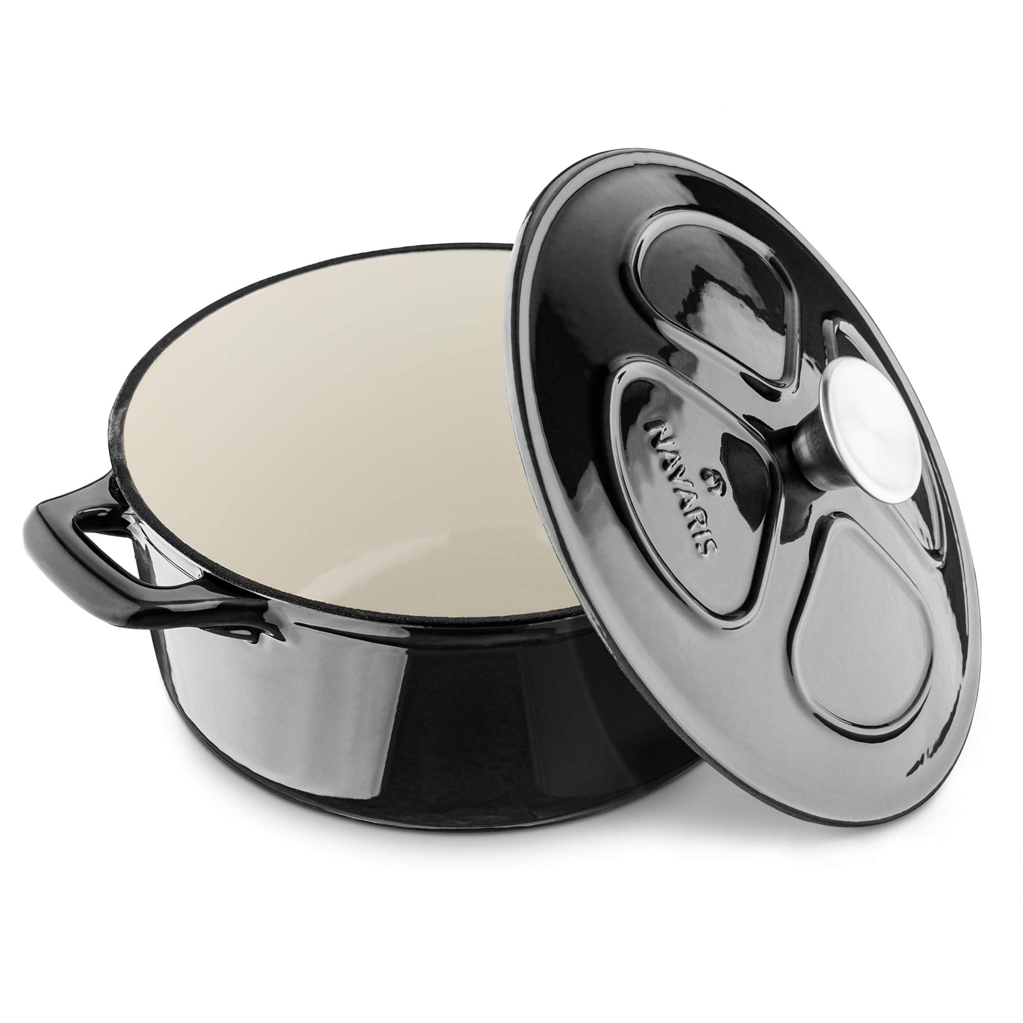 Navaris Enameled Dutch Oven - 3.7 QT Cast Iron Pot with Lid - 9 1/2 '' Round Enamel Cookware - Induction Cooktop Safe - Glossy Black