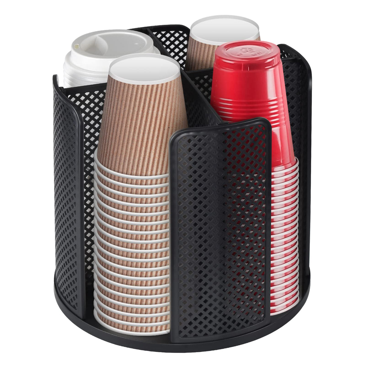 Samhe Coffee Cup Dispenser, Rotatable Cups And Lids Holder For 5-16Oz Cups 4 Compartment Coffee Cup Holder Countertop Coffee Cup
