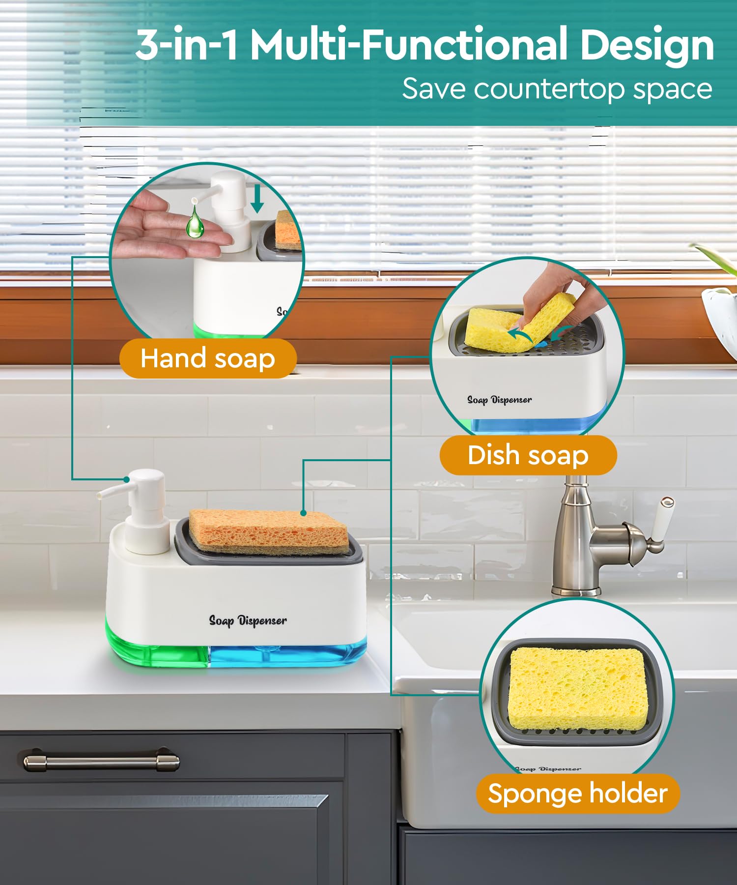 Kitchen Dish Soap Dispenser Set,Dish And Hand Soap Dispenser With Sponge Holder, 3-In-1 Countertop Sponge Dual Soap Pump Dispens