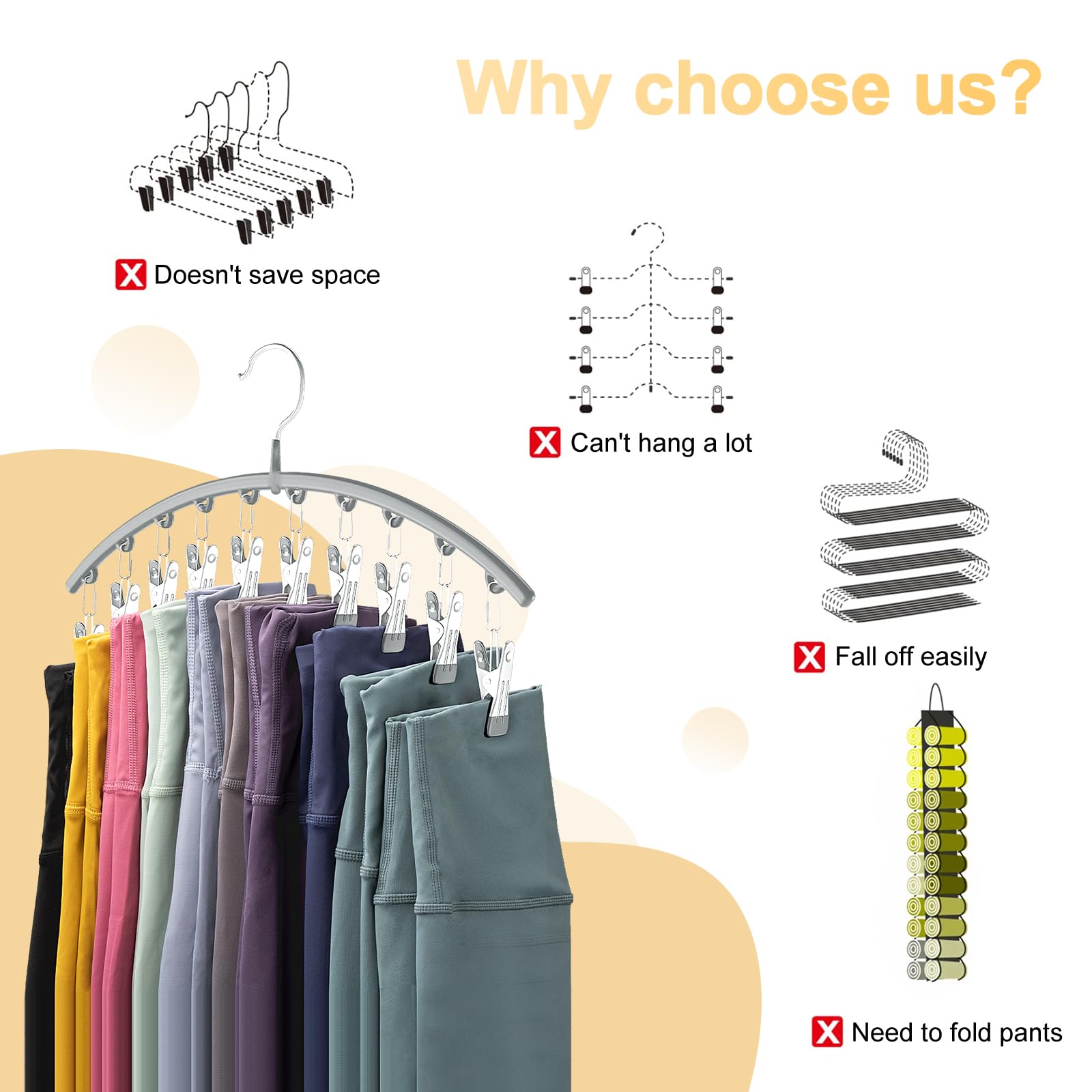 Volnamal Legging Organizer - Metal Yoga Pants Hanger with 10 Clips, Space-Saving Closet Storage, Gray, 1 Pack