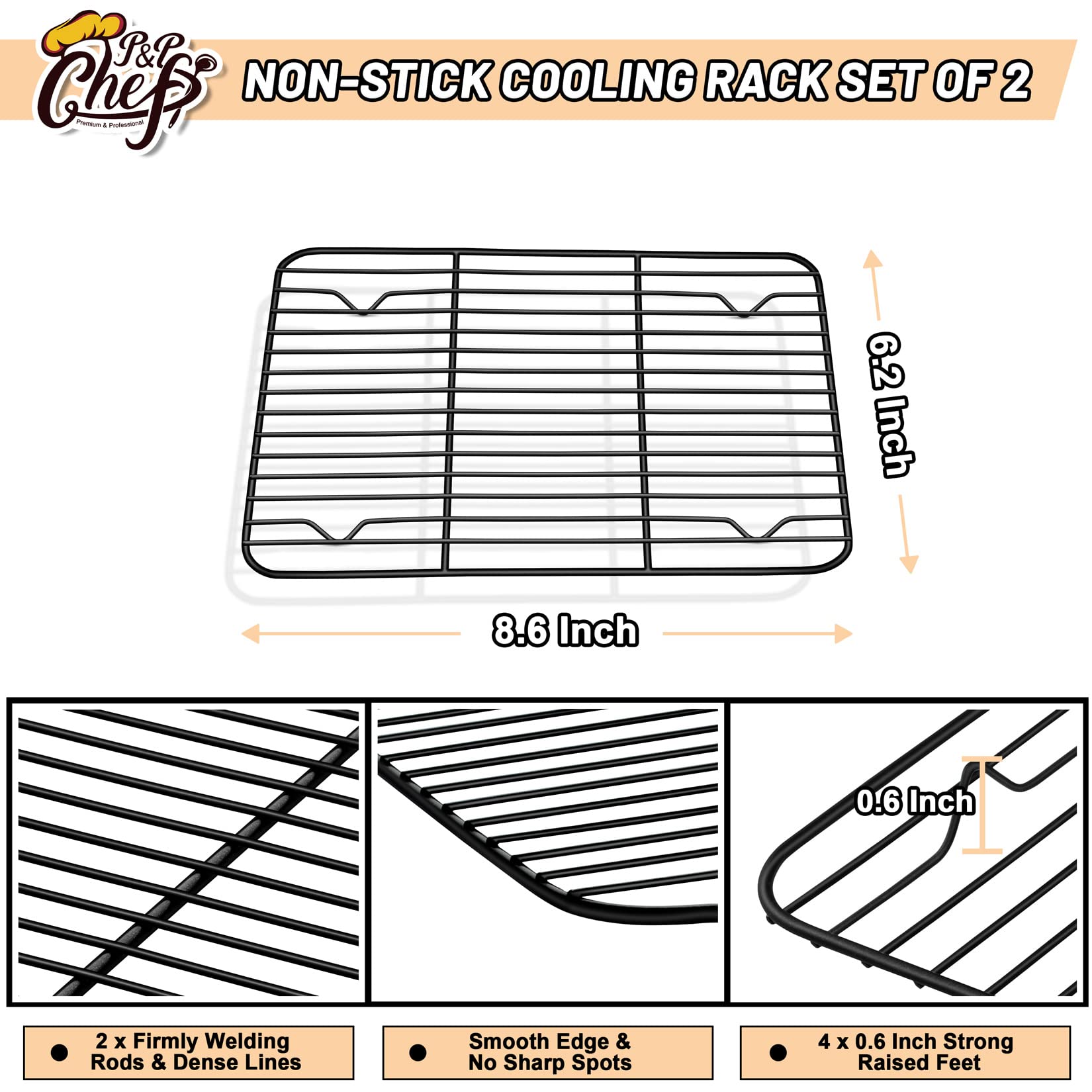 P&P CHEF Cooling Baking Rack Set of 2, Stainless Steel, Black, 8.6" x 6.2", Easy to Clean, Dense Wires & Smooth Edge