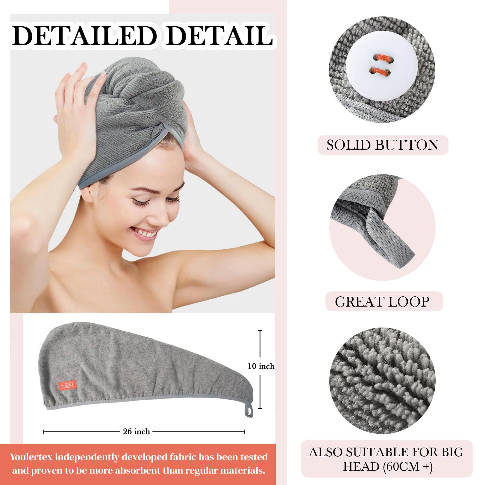 YoulerTex Microfiber Hair Towel Wrap for Women, 2 Pack 10 inch X 26 inch Super Absorbent Quick Dry Hair Turban for Drying Curly