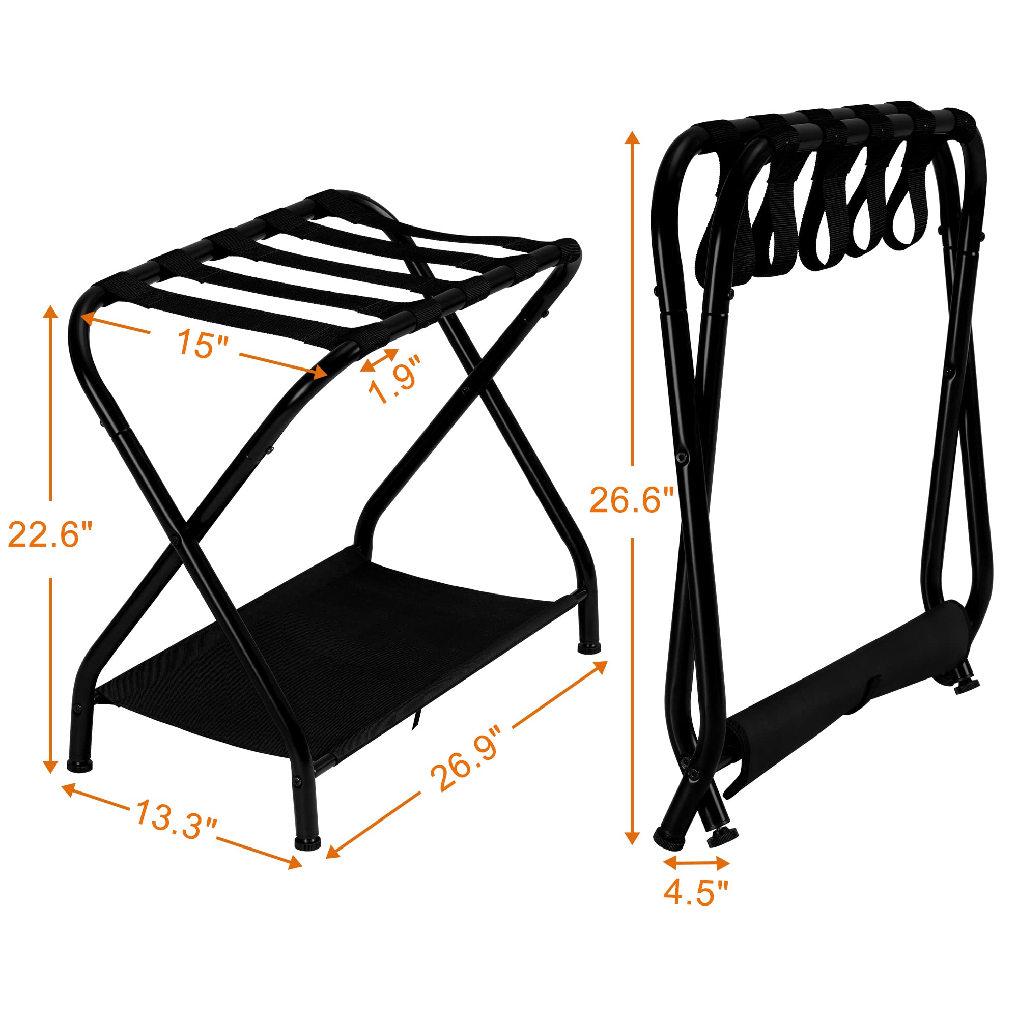 Heybly Luggage Rack Pack of 2 Steel Folding Suitcase Stand with Storage Shelf for Guest Room Bedroom Hotel Black HLR002B2
