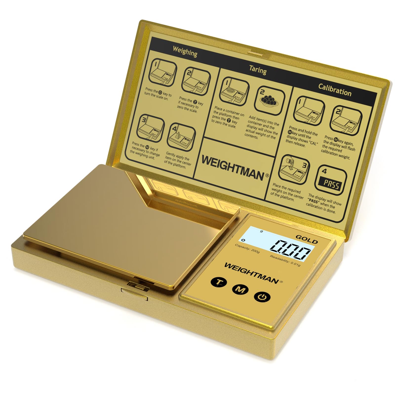 WEIGHTMAN Digital Scale Gram, 200g/0.01g Pocket Scale Gold Titanium Plating, LCD Backlit Display, Mini Jewelry Scale with 6 Unit