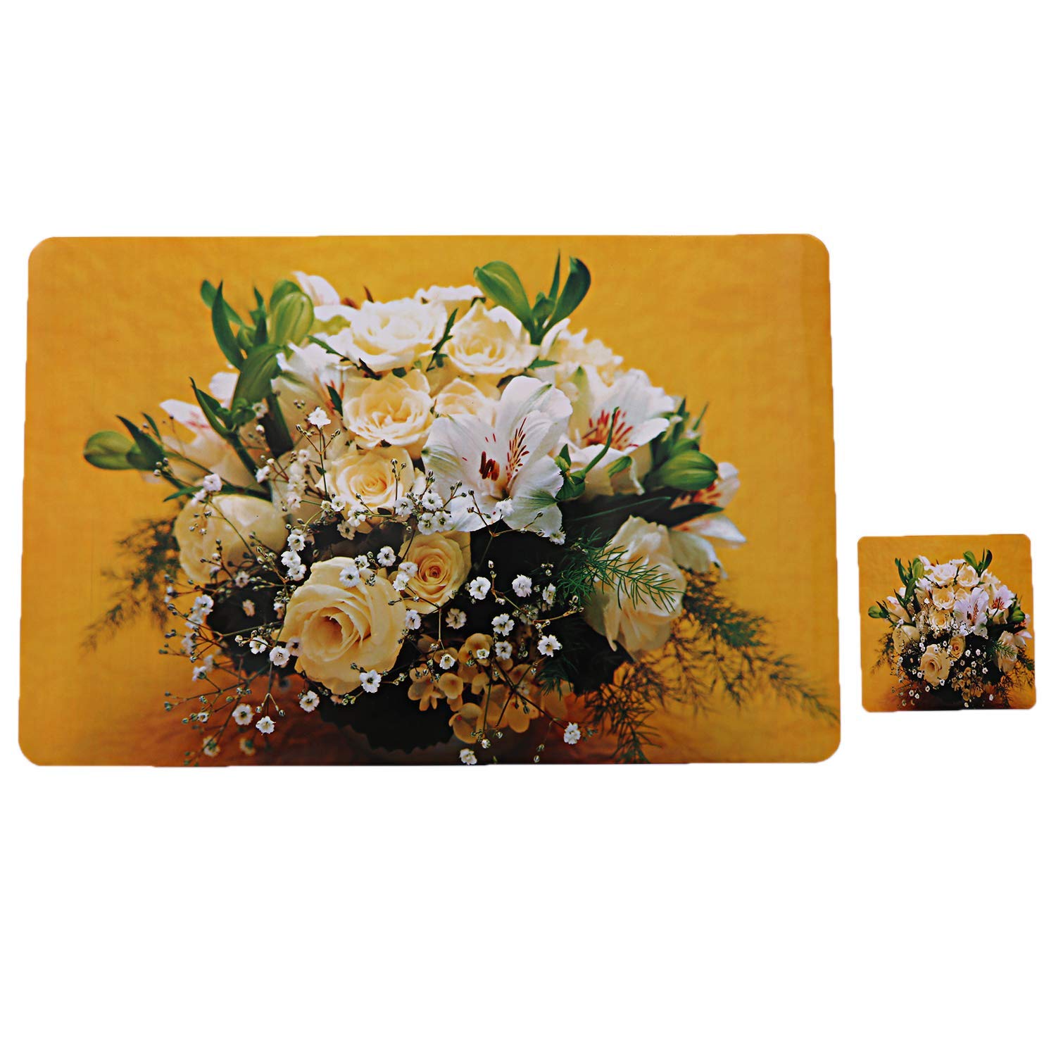 Kuber Industries Flower Pvc 6 Piece Dining Table Placemat Set With Tea Coasters - Yellow