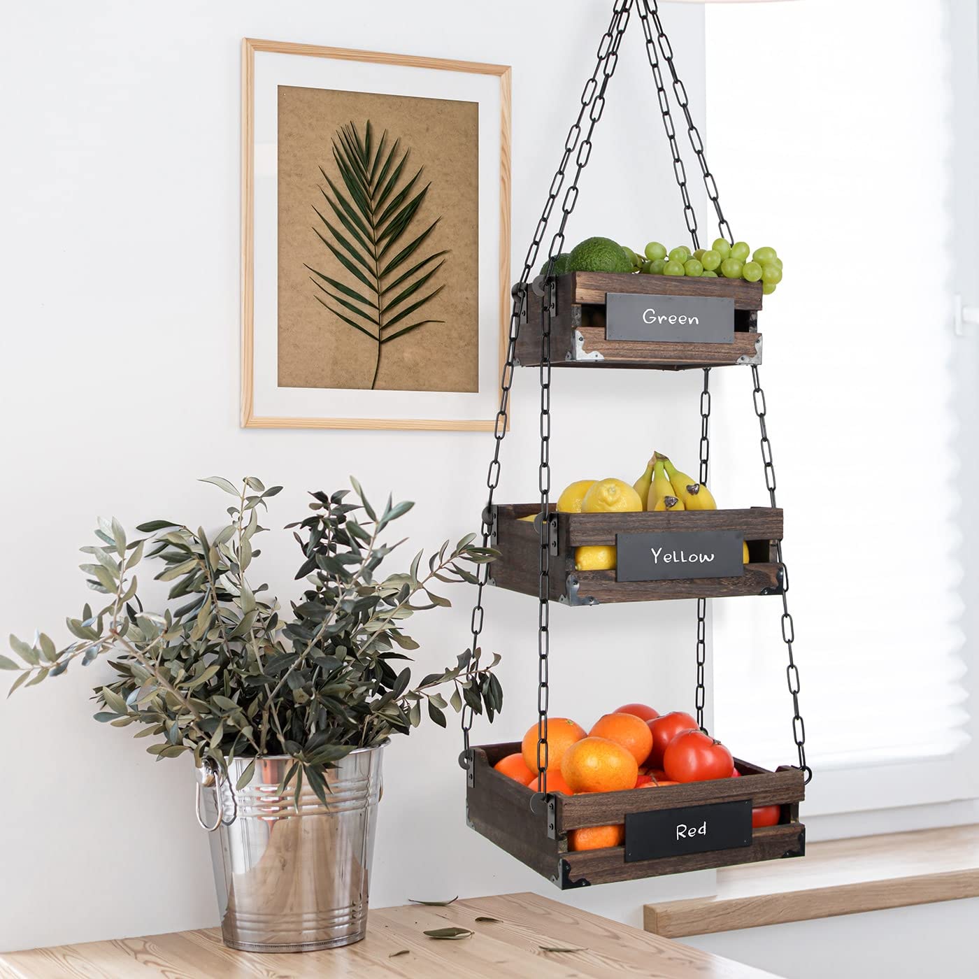J Jackcube Design 3-Tier Rustic Wood Hanging Fruit Basket, Kitchen Fruit, Vegetable Storage Organizer, Countertop Space Saver- H