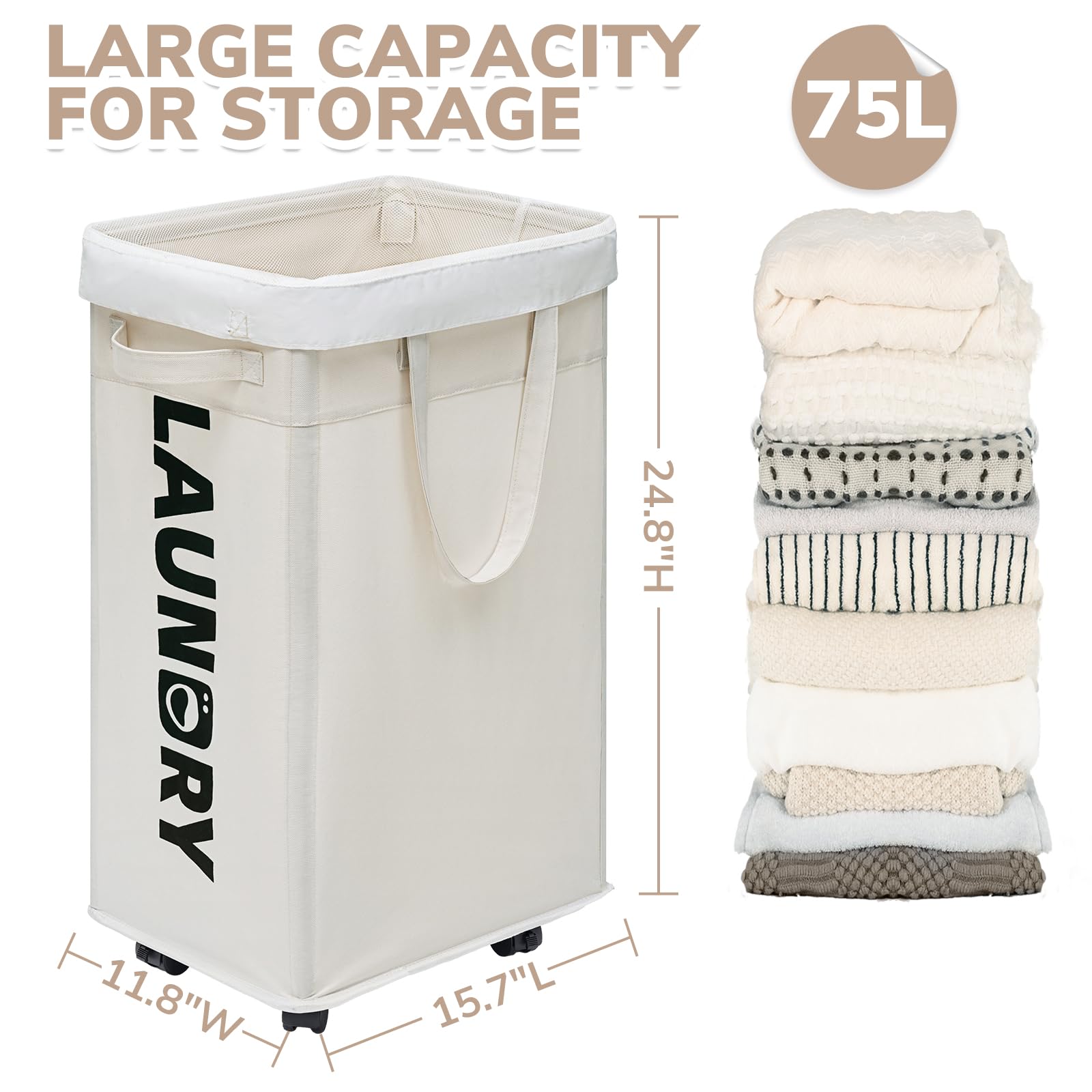 Chicvita 2-Pack Laundry Baskets With Wheels And Handle,75L Collapsible Clothes Basket With Removable Wash Bags For Dorms And Cor