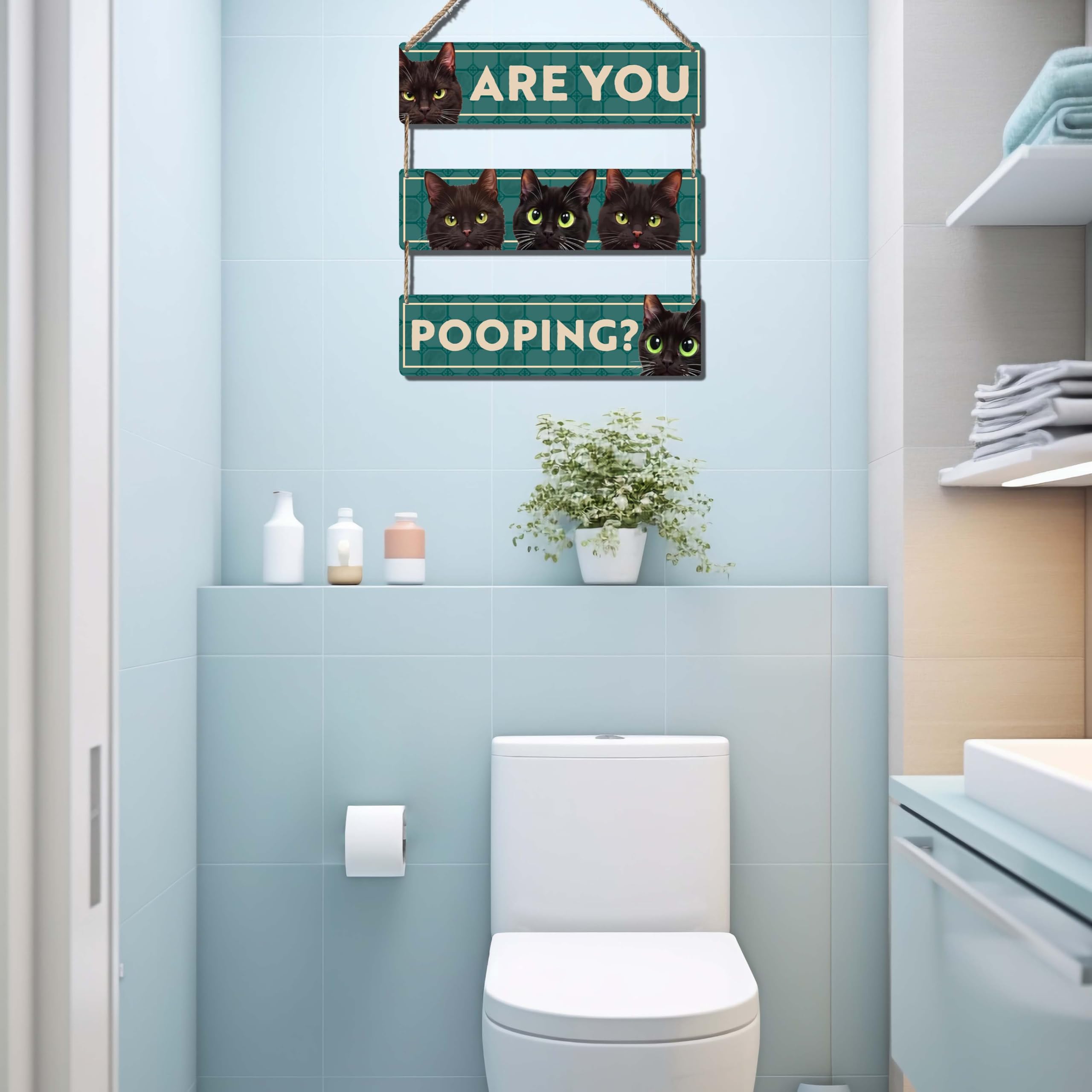 Are You Pooping Wooden Sign, Funny Decorations with Black Cats on Green Background, Rustic Plaque 11.8x3.2 Inches Each, Fun Bath