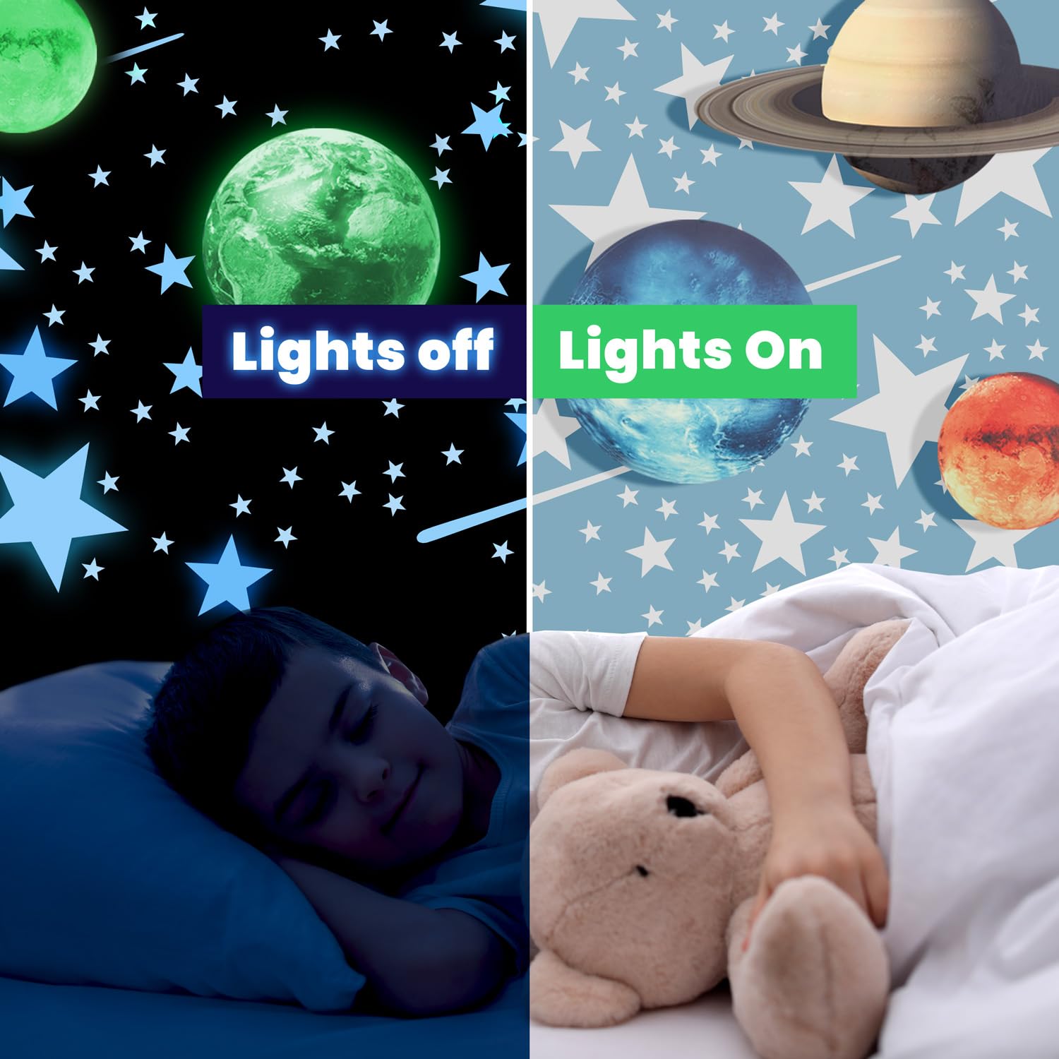 liderstar Glow in The Dark Stars & Planets Wall Stickers, Vinyl Ceiling Decals for Kids Bedroom, Blue, Space Decoration