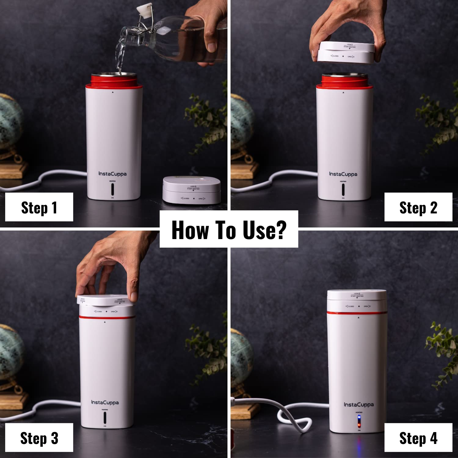 Instacuppa Portable Electric Kettle Travel Electric Water Bottle For Boiling Hot Water With Cool Touch Exterior, Automatic Shut