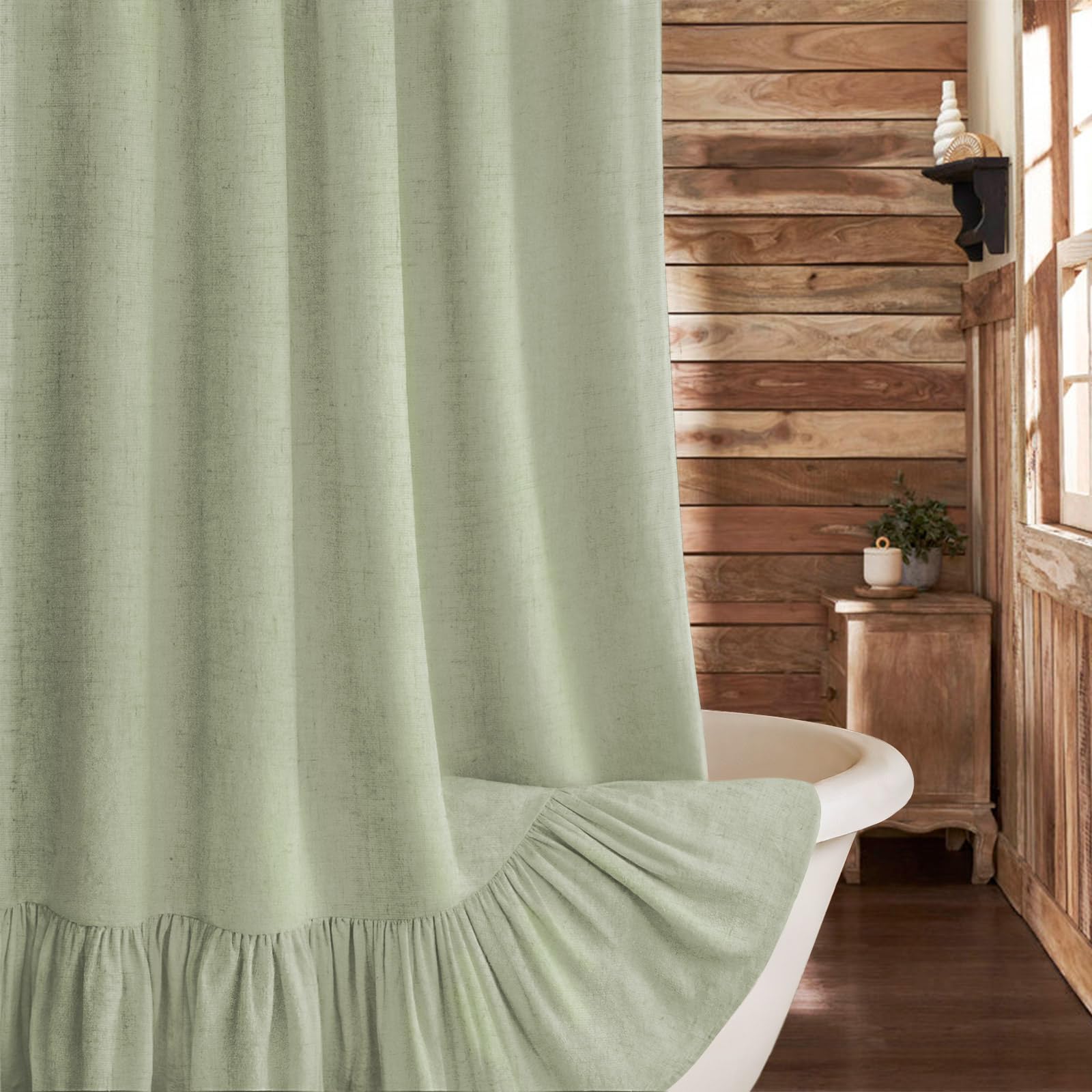 Xoguibo Farmhouse Shower Curtain With Ruffle Hem Linen Flax Green Shower Curtains For Bathroom Country Vintage Rustic Natural Fa