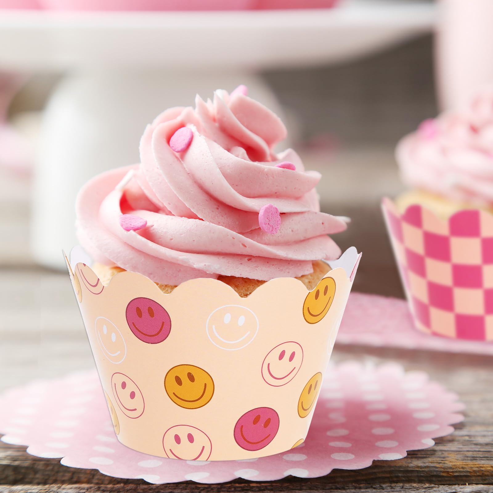 Whaline 36Pcs Retro Groovy Cupcake Wrappers Vintage Smile Daisy Checkered Cupcake Liners Pink Orange Boho Paper Baking Cup Cupca