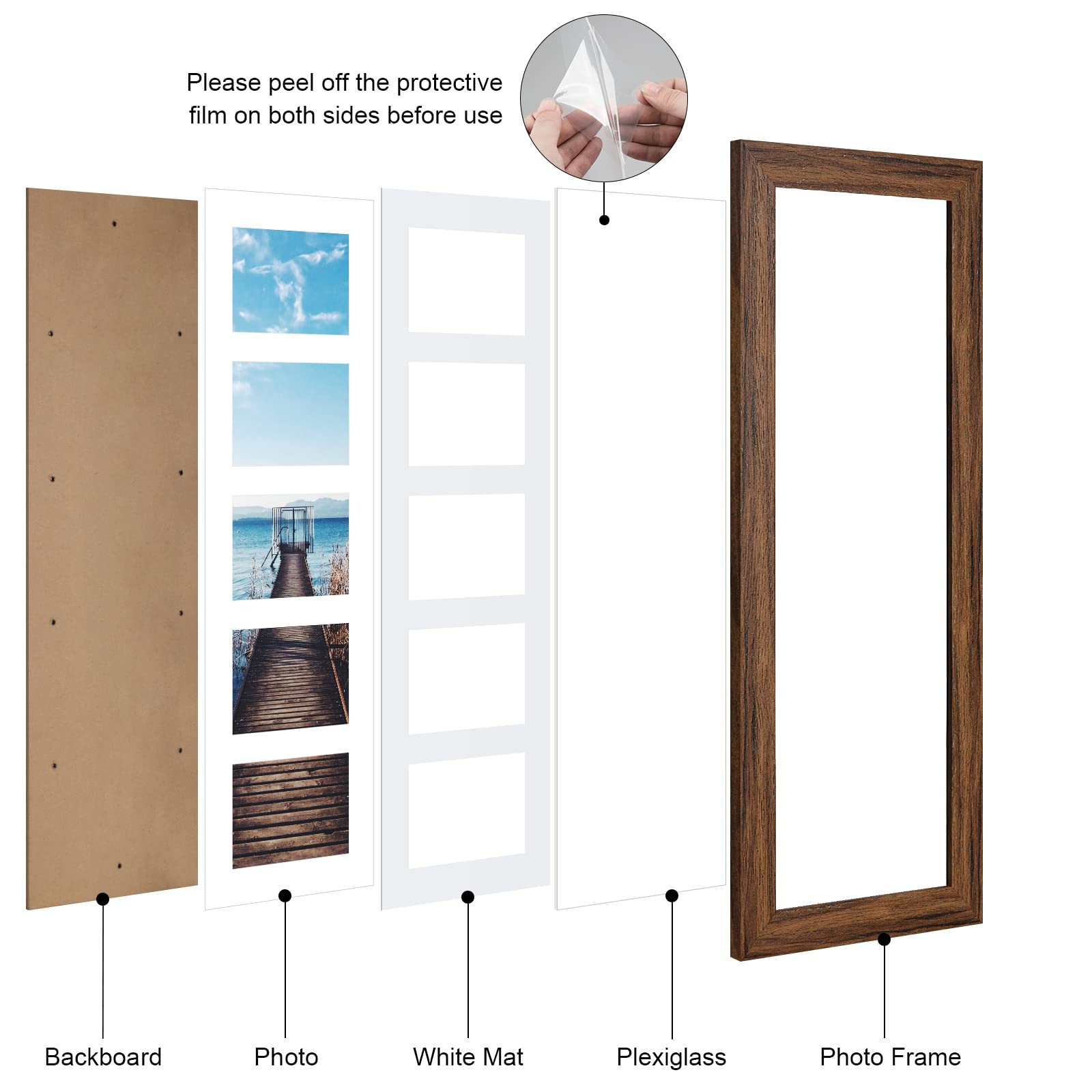 Gaevuian 8x24 Picture Frame Display 5 opening 4X6 Picture Frame Collage,Multi Photo Frame with Mat,Plexiglass,Wall or Tabletop D
