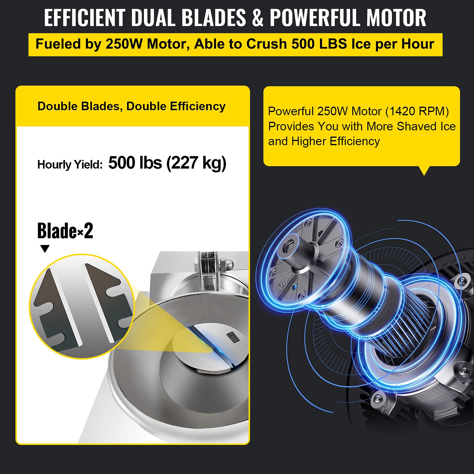 Vevor 110V Commercial Snow Cone Machine, 500Lb/H Commercial Snow Cone Maker, Electric Shaved Ice Machine W/Dual Blades, Stainles