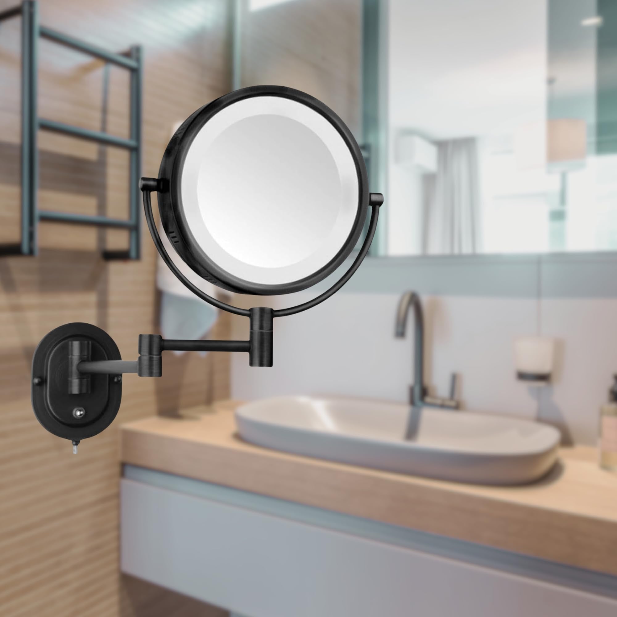 JERDON Wall-Mounted Makeup Mirror with 5X Magnification - Black Makeup Mirror with LED Lights - Plug in - Model HL65BK