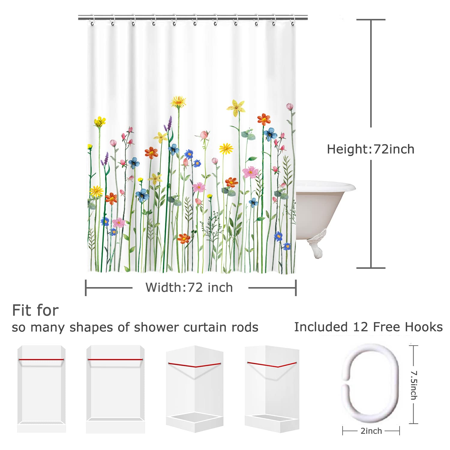 Livilan Floral Shower Curtain For Bathroom Flower Shower Curtain Watercolor Shower Curtain Wildflower Flowered Bathroom Curtain