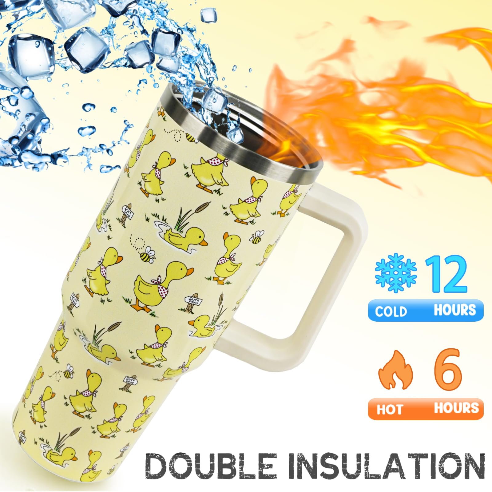 Nqhsionv Duck Tumbler with Handle and Straw 40 oz Duck Cup Cute Funny Coffee Travel Mug Stainless Steel Insulated Water Bottle D