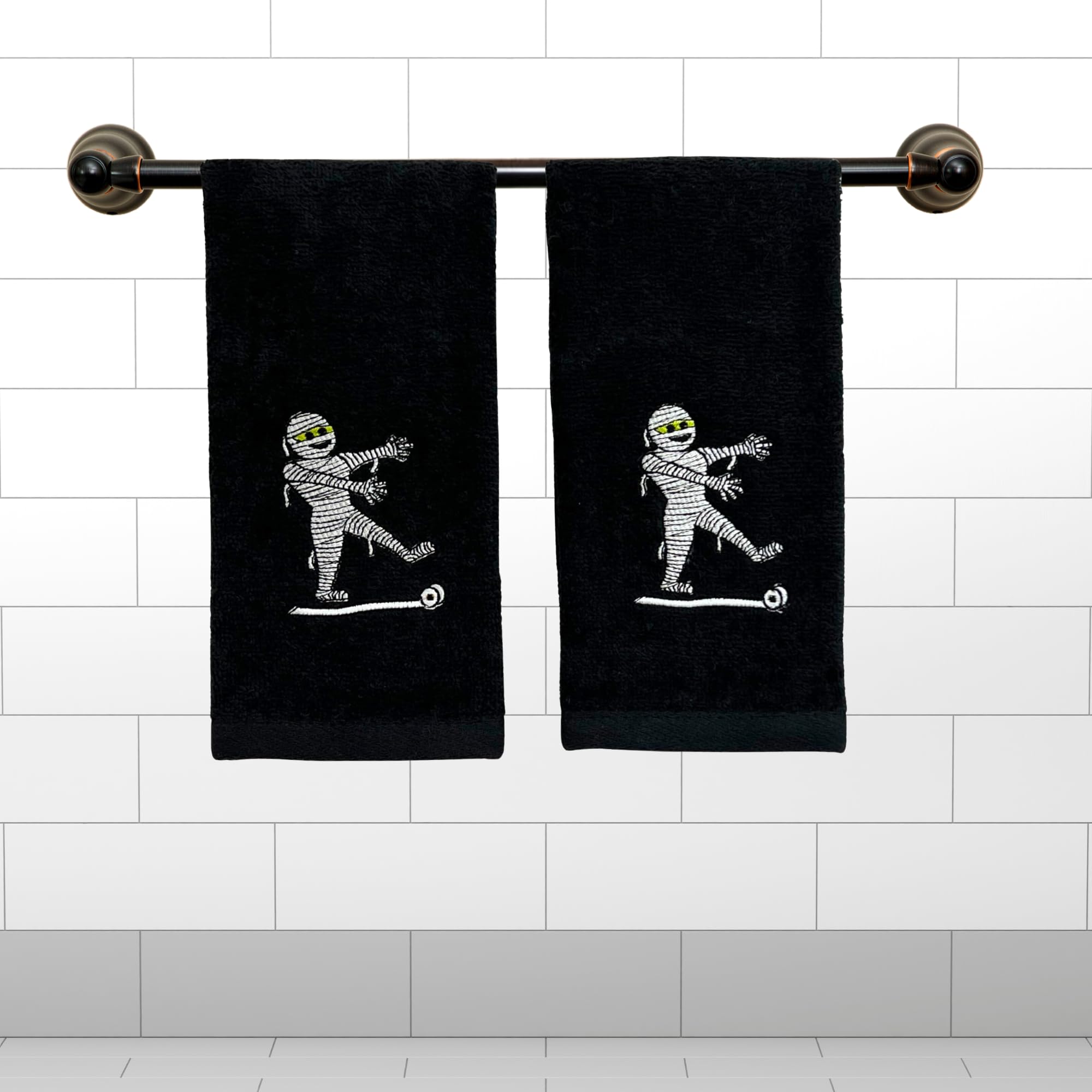 Serafina Home Halloween Fingertip Towels, Embroidered Mummy Design, 2 Pieces, Black Cotton, 12 X 18 Inches,
