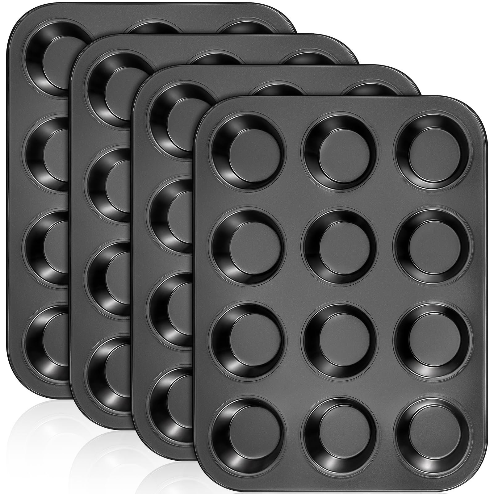 Domensi 4 Pcs Muffin Pan 12 Cup Carbon Steel Cupcake Baking Pan Nonstick Tin Tray for Standard Muffins, Brownie, Tart, Quiche, H