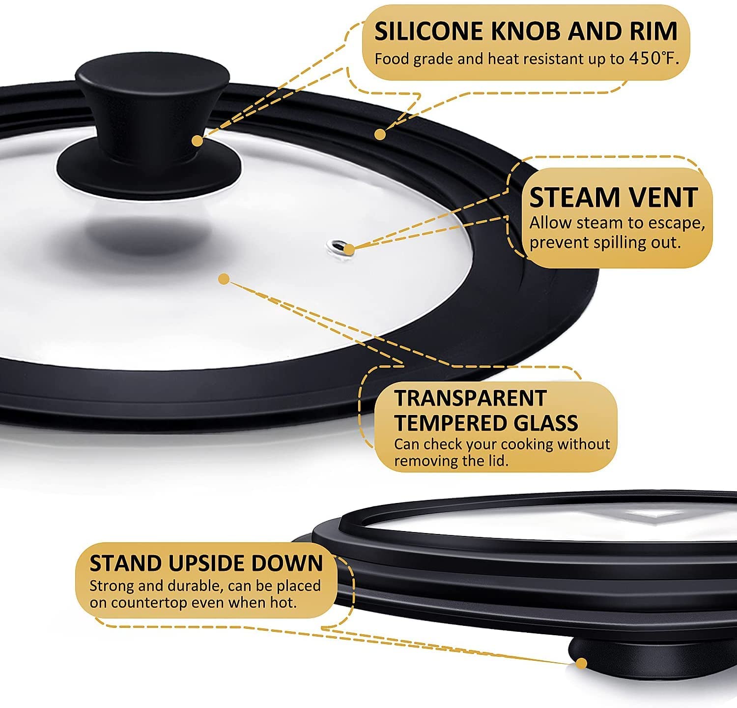 Ydeapi Universal Lids For Pots, Pans & Skillets - Fits 7'', 8'' & 9'' Diameter, 10'', 11'' & 12'' Diameter Cookware, Tempered Gl