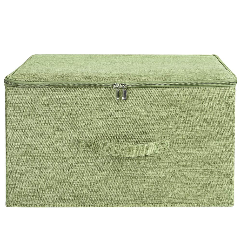 ANMINY Storage Bins with Zipper Lid Storage Boxes with Handles PP Plastic Board Foldable Lidded Cotton Linen Fabric Home Cube Baskets Closet Clothes Toys Organizer Container - Green  Extra Large Size