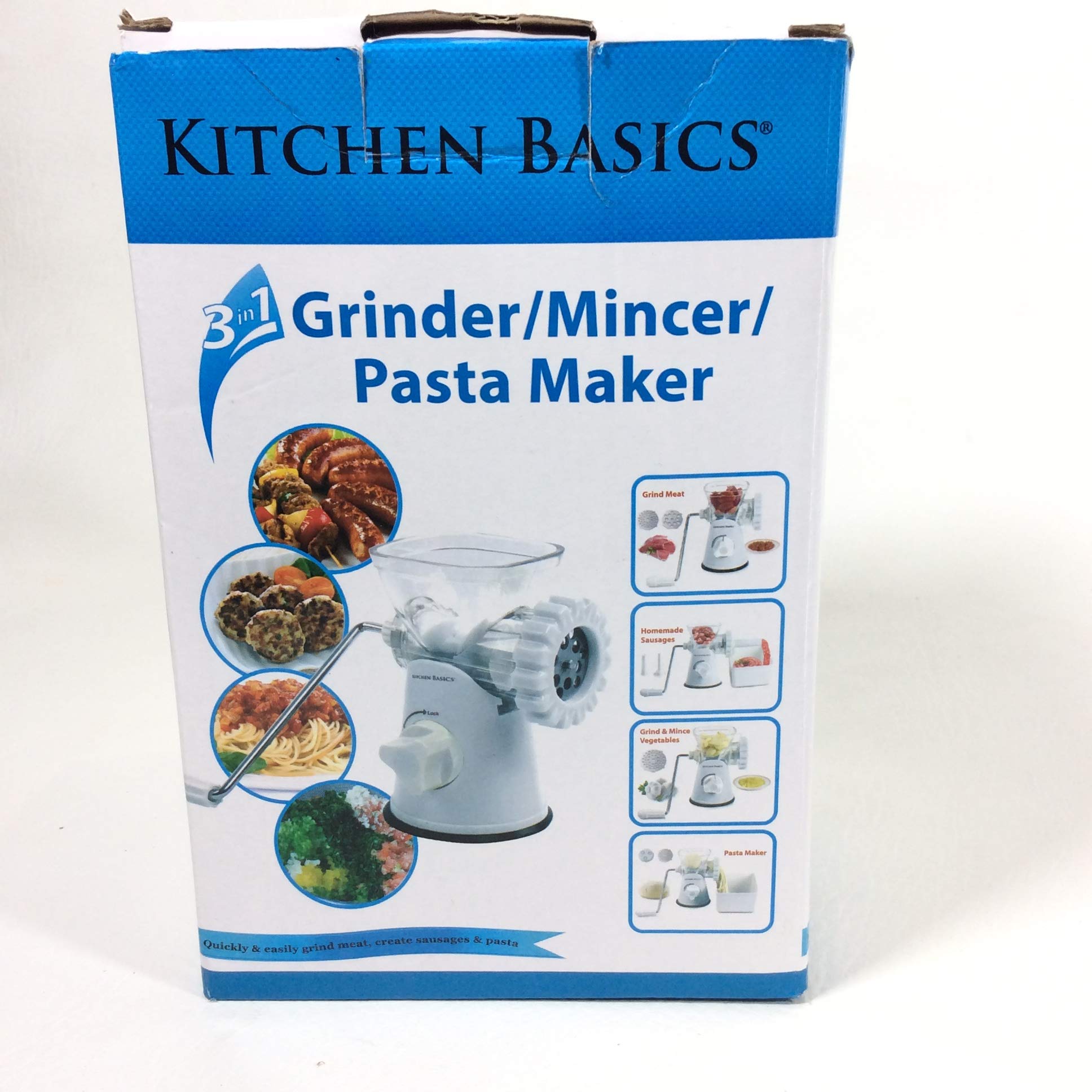 Kitchen Basics 3 N 1 Manual Meat And Vegetable Grinder Mincer, 3 Size Sausage Stuffer, Pasta Maker Bowl Inluded