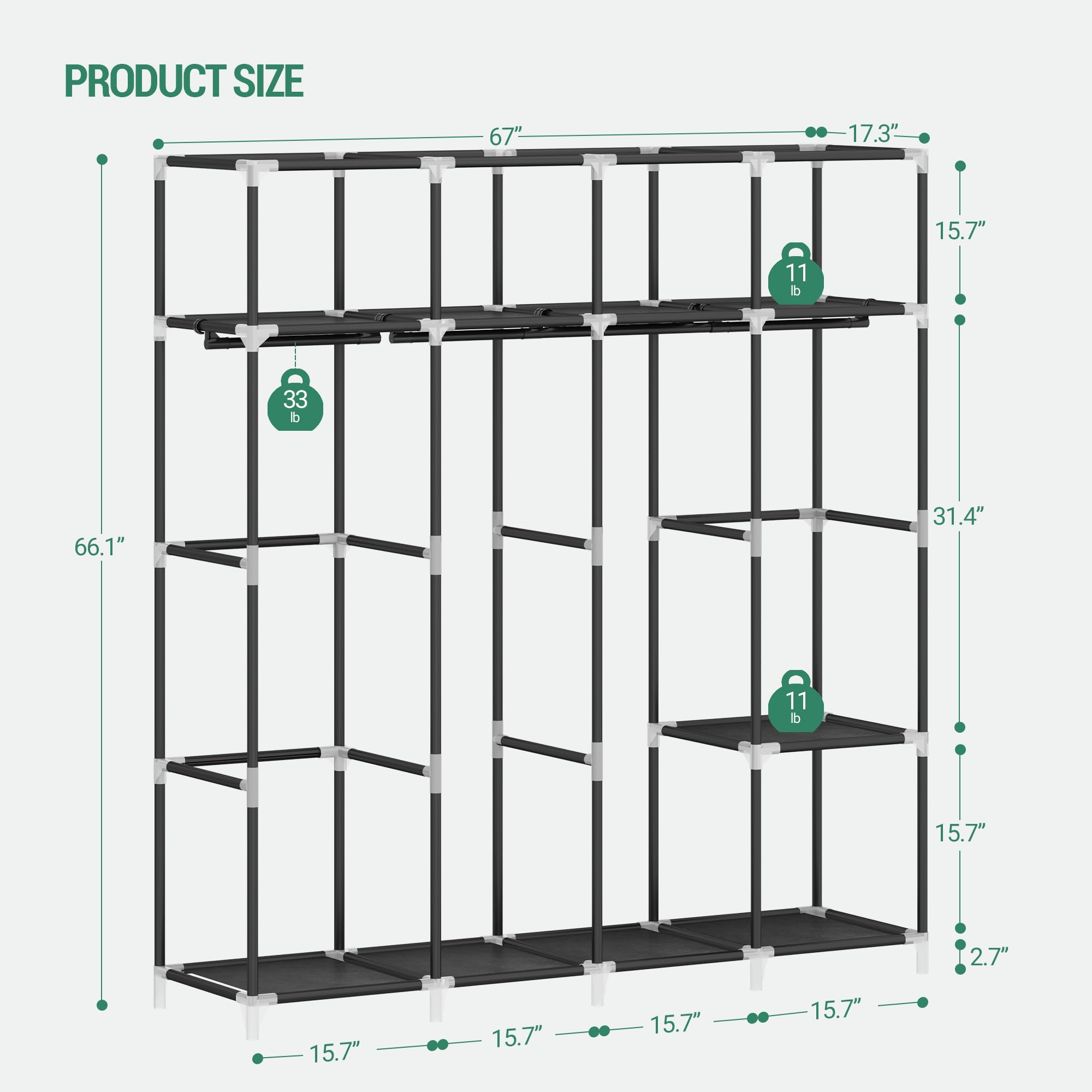 Hzuaneri 67 Inch Closet Wardrobe, Clothes Storage Organizer For Hanging Clothes With Cover, 4 Hanging Rods, 9 Storage Shelves, P