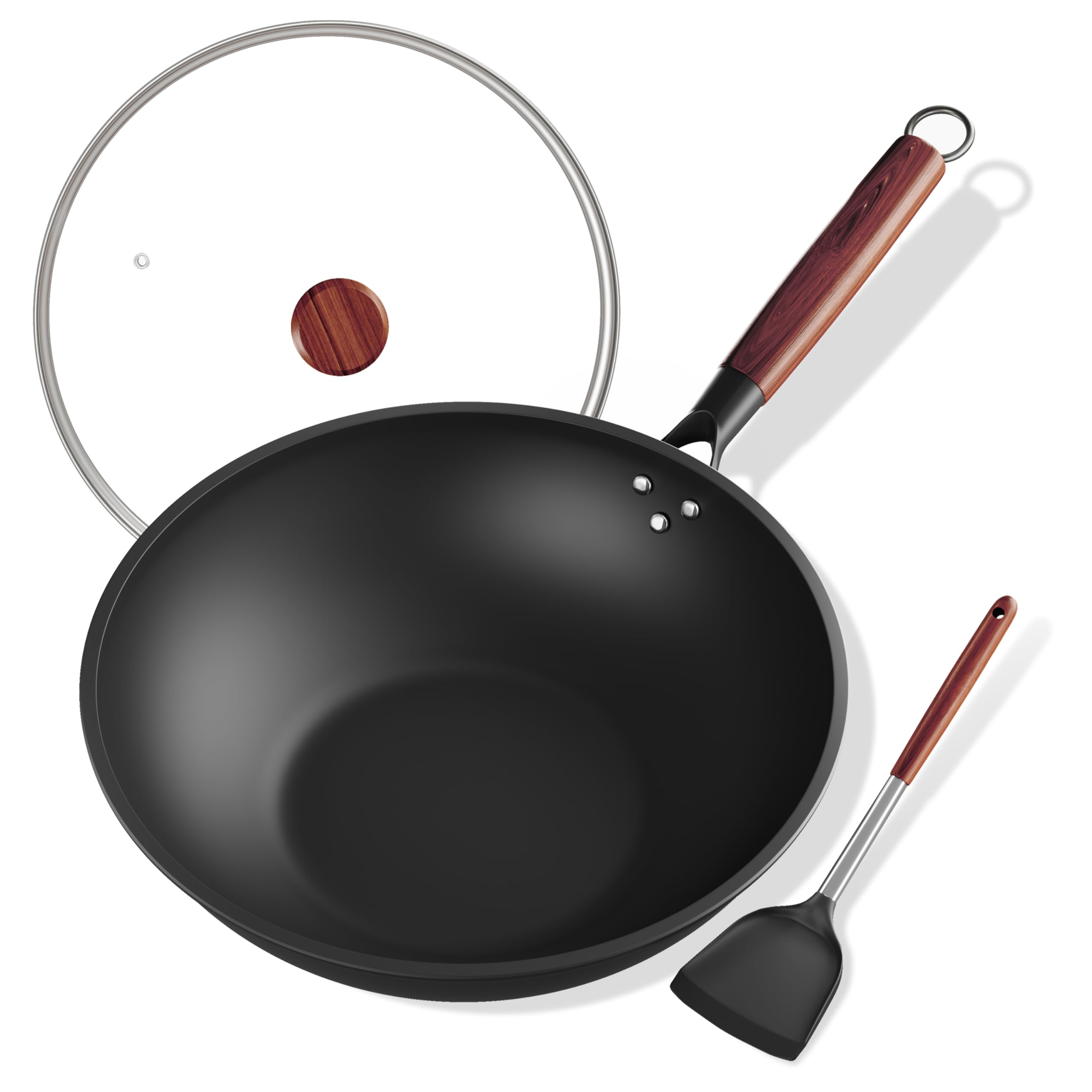 Ziluetar Carbon Steel Wok 13-Inch Wok Pan With Glass Cover Silicone Spatula, Non-Stick Surface Woks & Stir-Fry Pans Pre-Seasoned